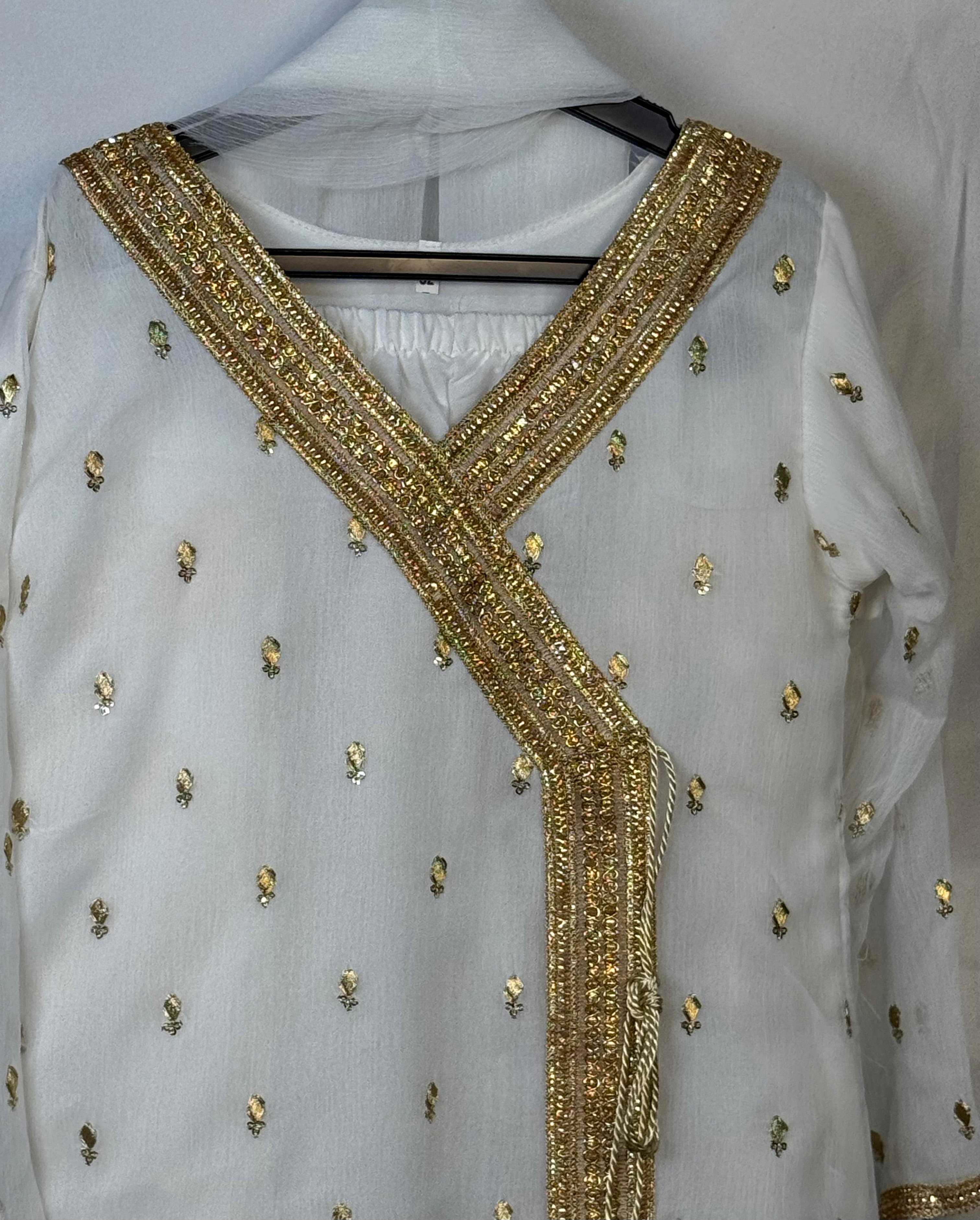 Girls White & Gold Chiffon Angrakah Style Shirt & Garara Set With Emobidary On Shirt (3 Piece) Gcgs-13