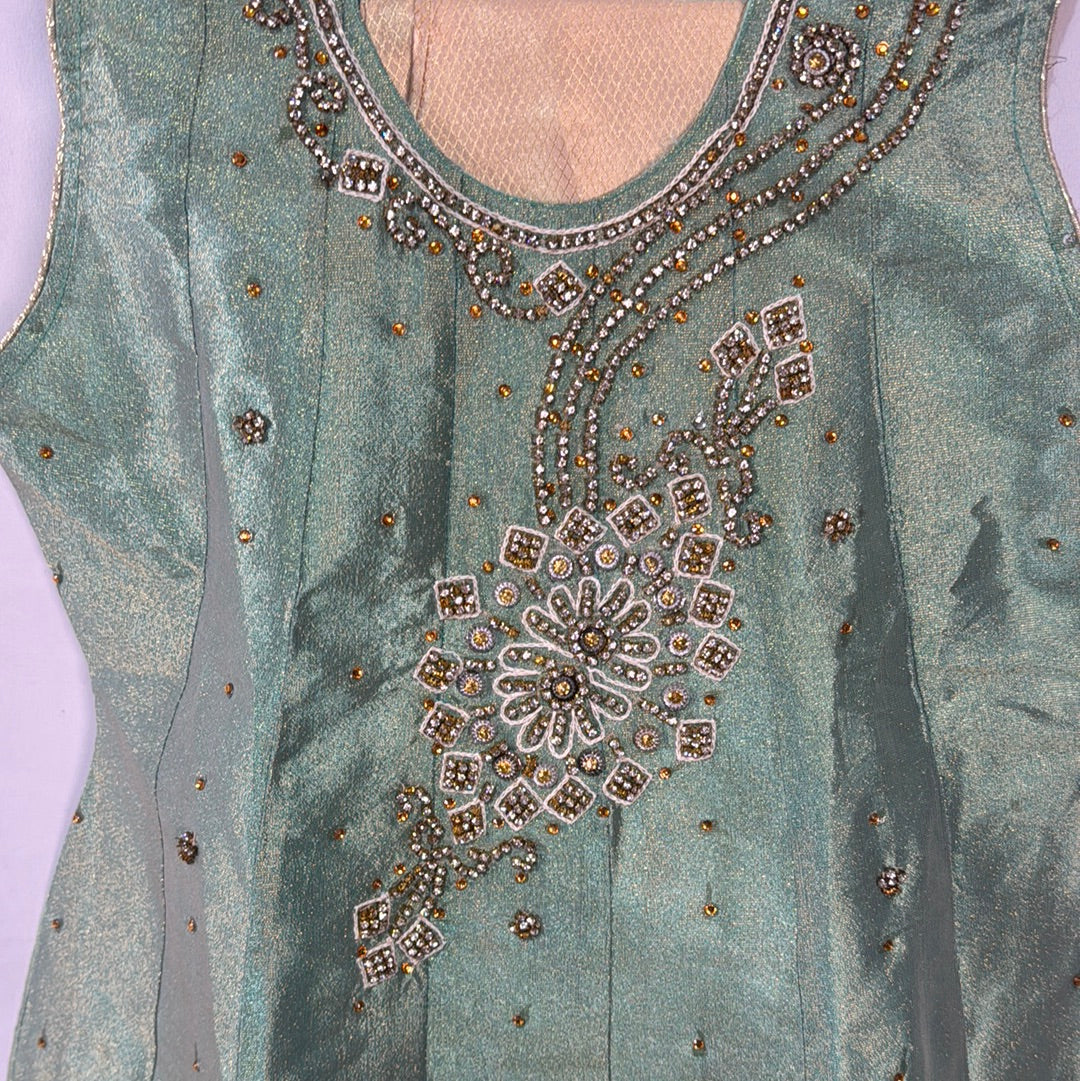 Girls Sage Green Outfit with Gold Embellishments and Matching Gold Trousers for Festive Occasions
