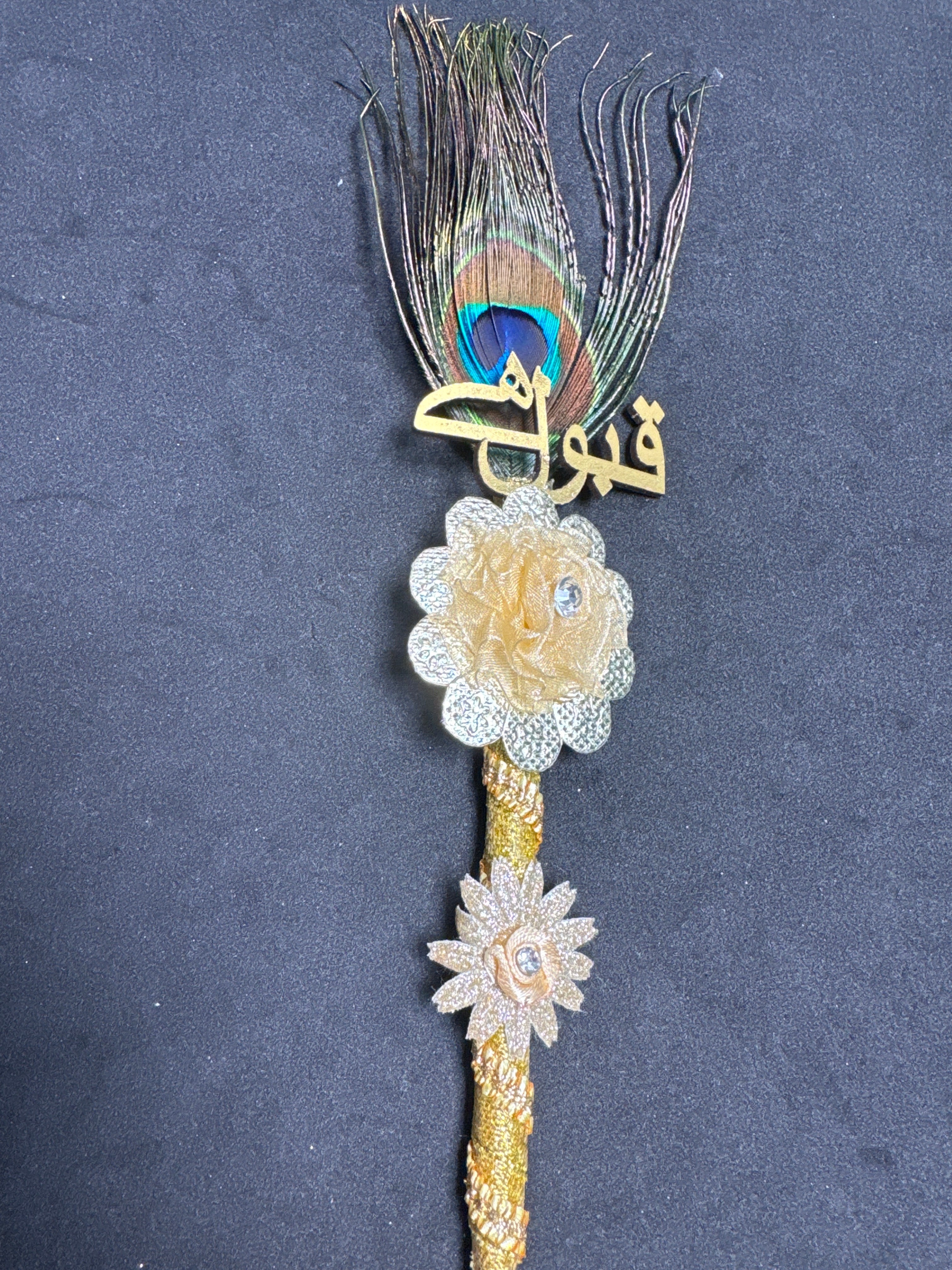 Bridal Nikah Pen NP2 - Decorated Peacock Feather & Gold Flower Design for Brides to Sign Nikah Documents