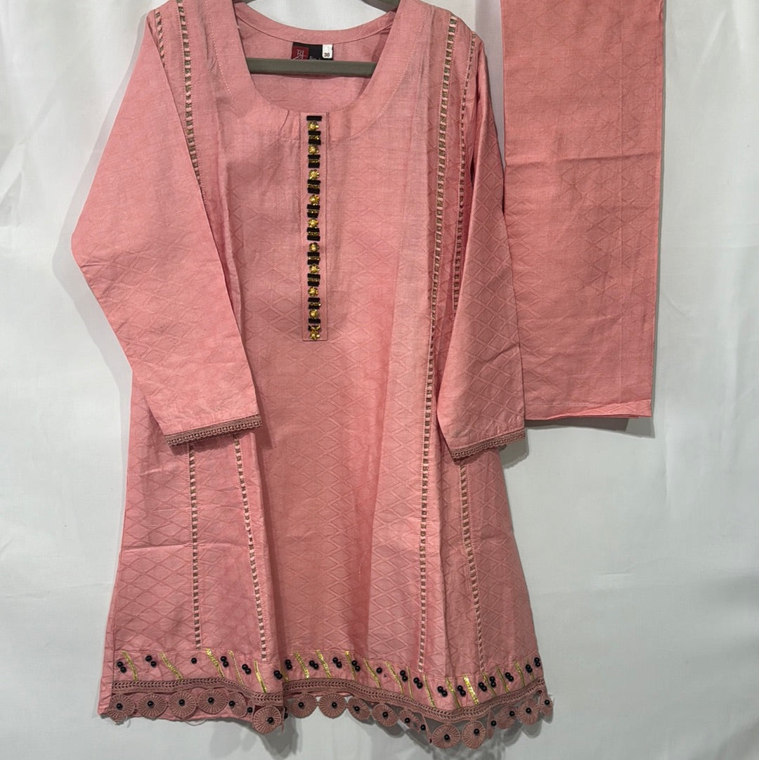 Areeba's Classic cotton shirt trouser peachy pink with embellishments