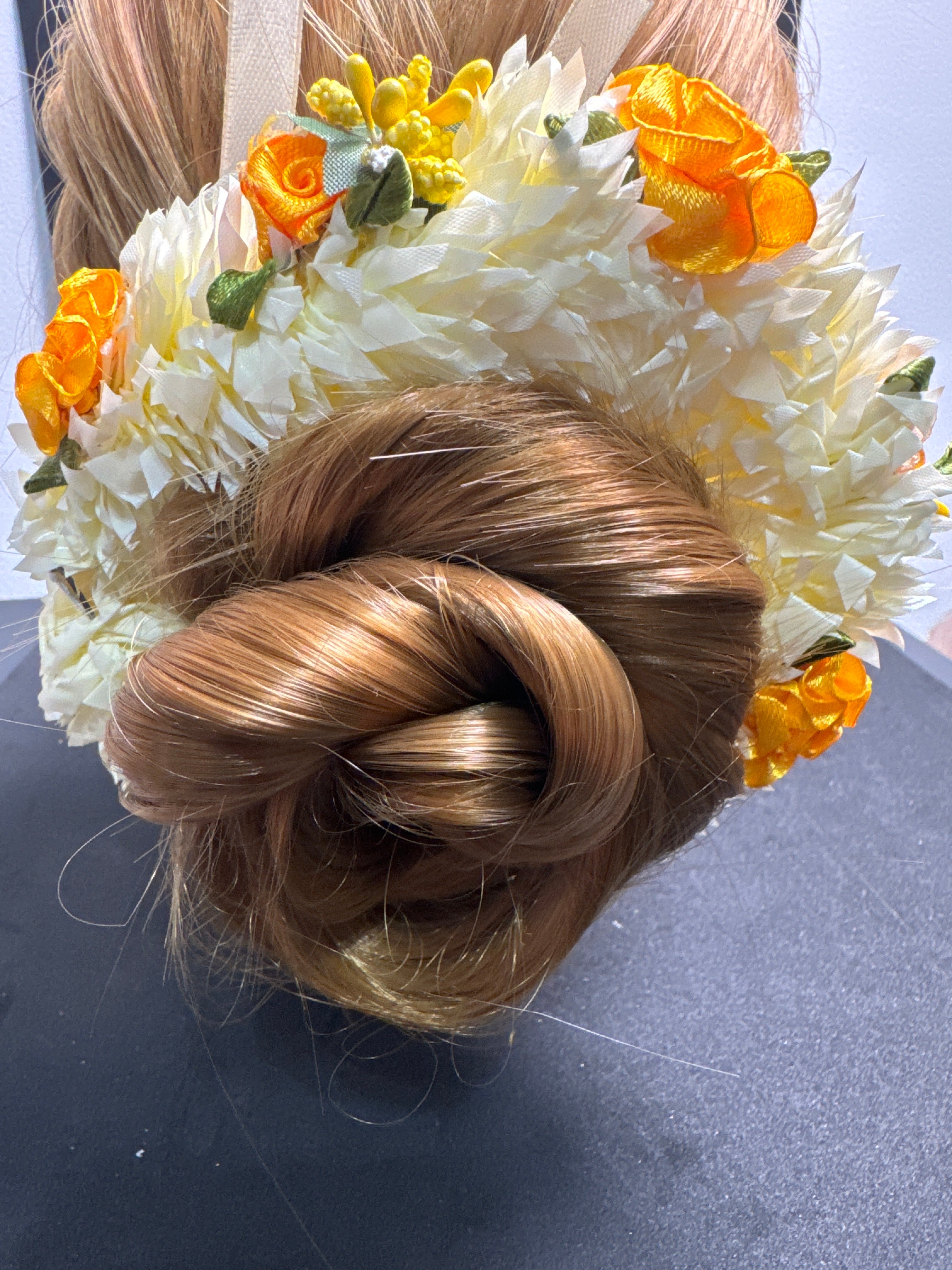 Hair Bun Flower Jewellery in White and Yellow Colour Elegant Floral Accessory for Special Occasions