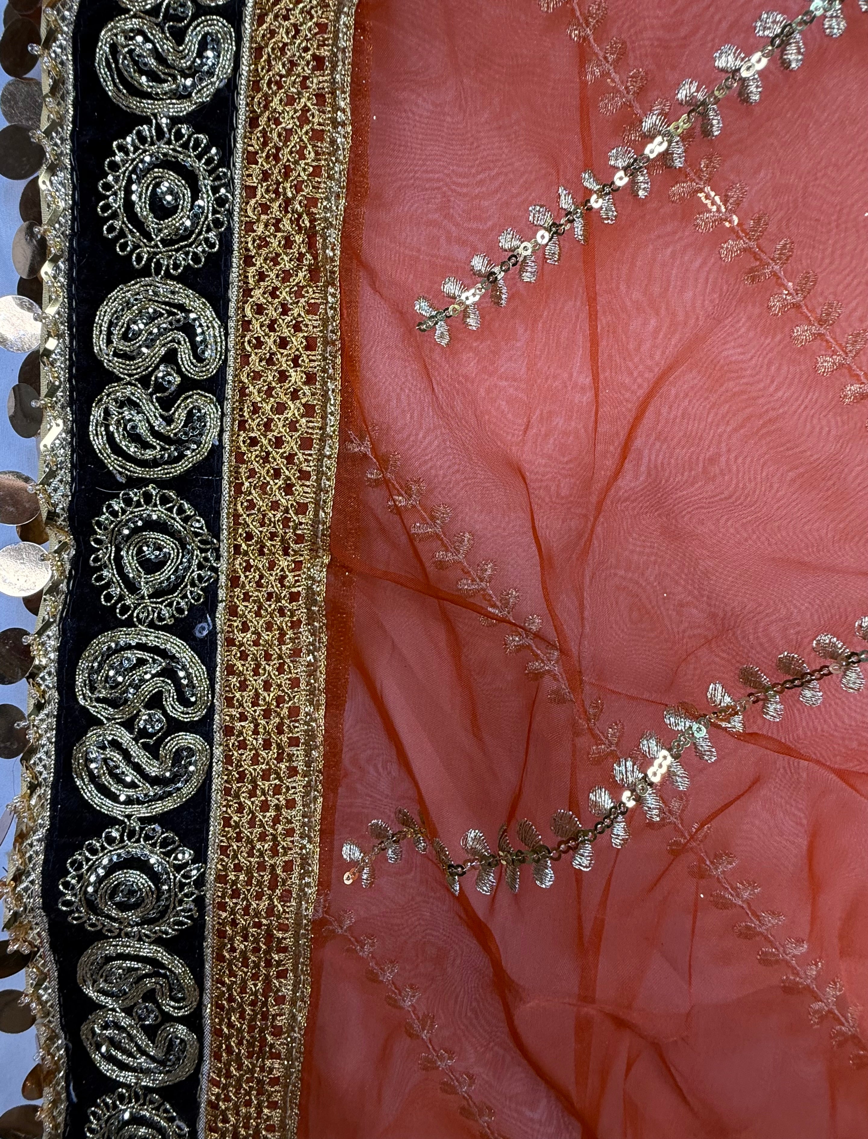 Red Organza Duptta With Embroidery And Coin Lace By Areeba'S Couture