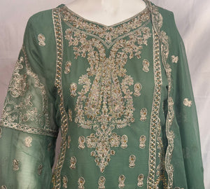 Ladies 3 Pcs Sage Green Garara Set With Embroidery (Including Shirt, Garara And Duptta) Lgs-3- Areeba's Couture