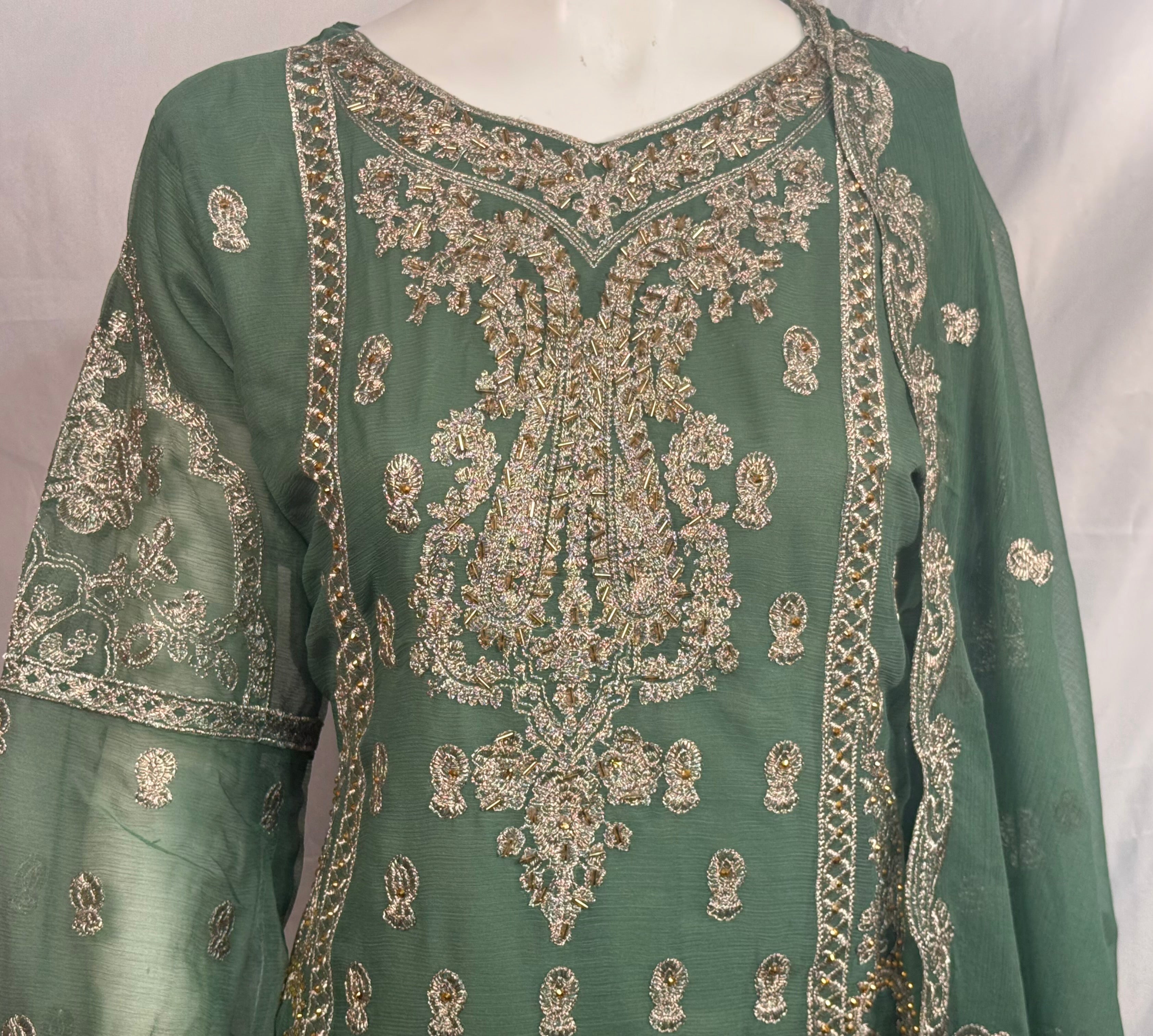 Ladies 3 Pcs Sage Green Garara Set With Embroidery (Including Shirt, Garara And Duptta) Lgs-3