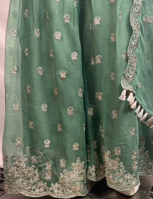 Ladies 3 Pcs Sage Green Garara Set With Embroidery (Including Shirt, Garara And Duptta) Lgs-3- Areeba's Couture