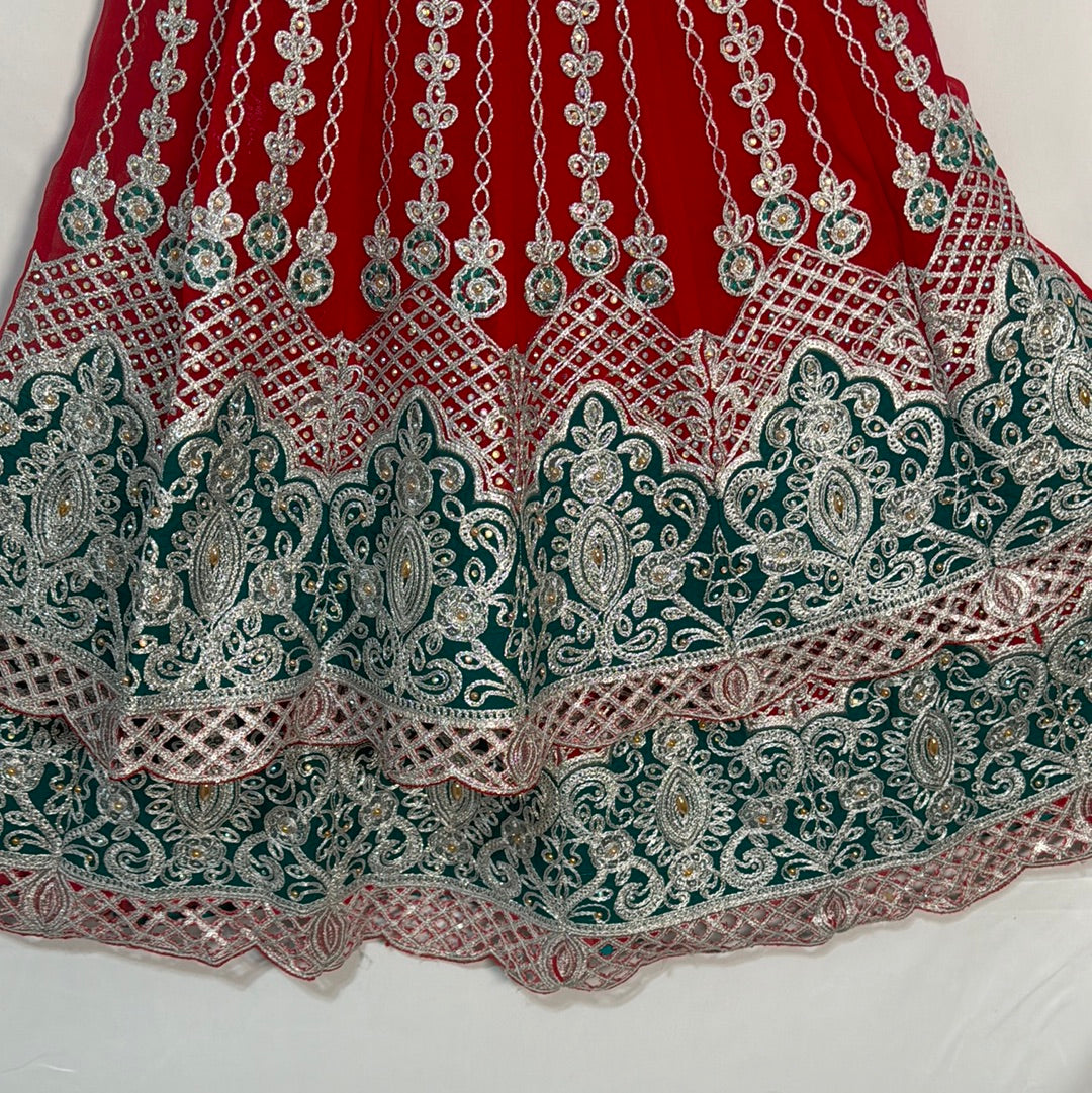 Girls red and green lengha BC21- Areeba's Couture