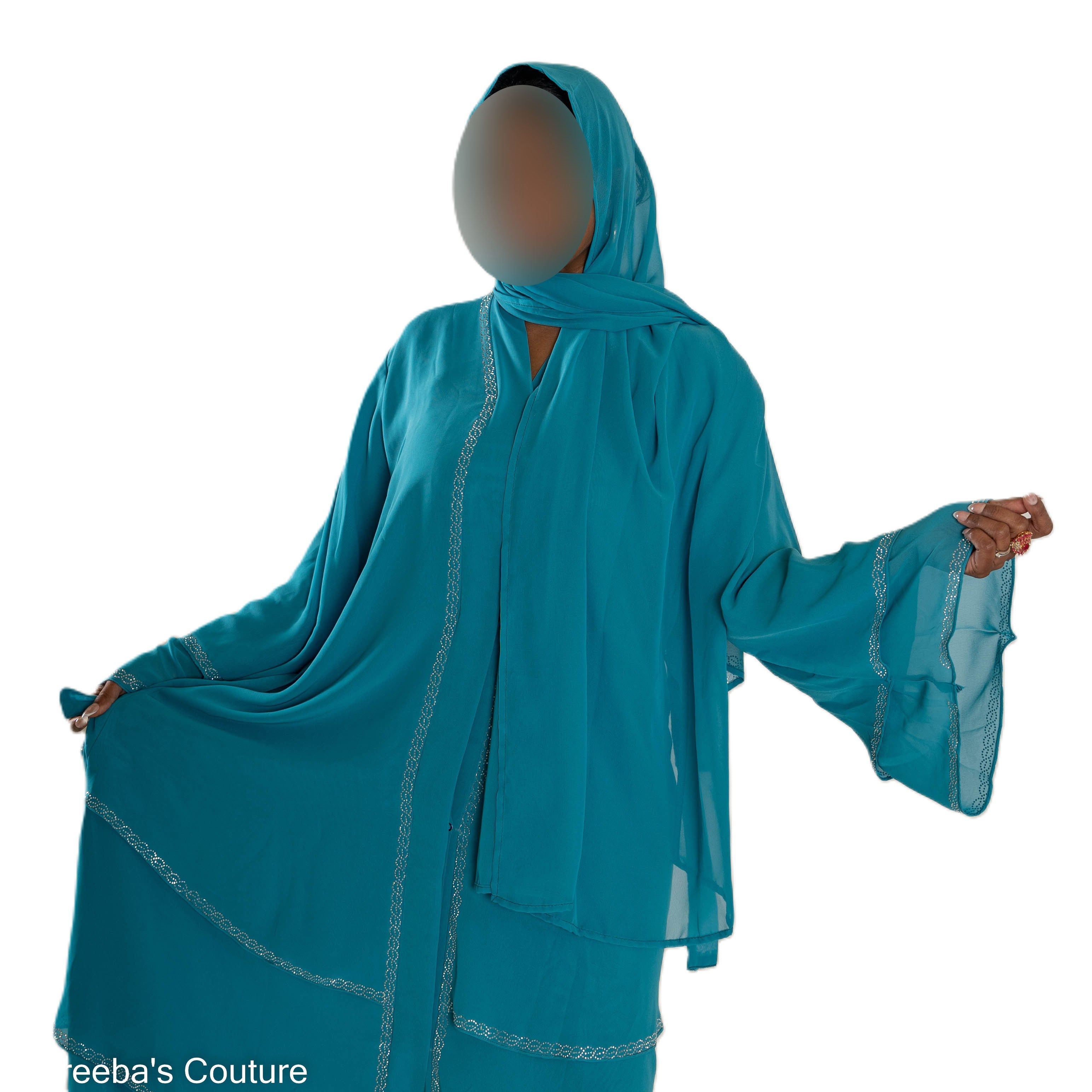 Chiffon Triple Layered Abaya in Vibrant Teal for Elegance and Comfort