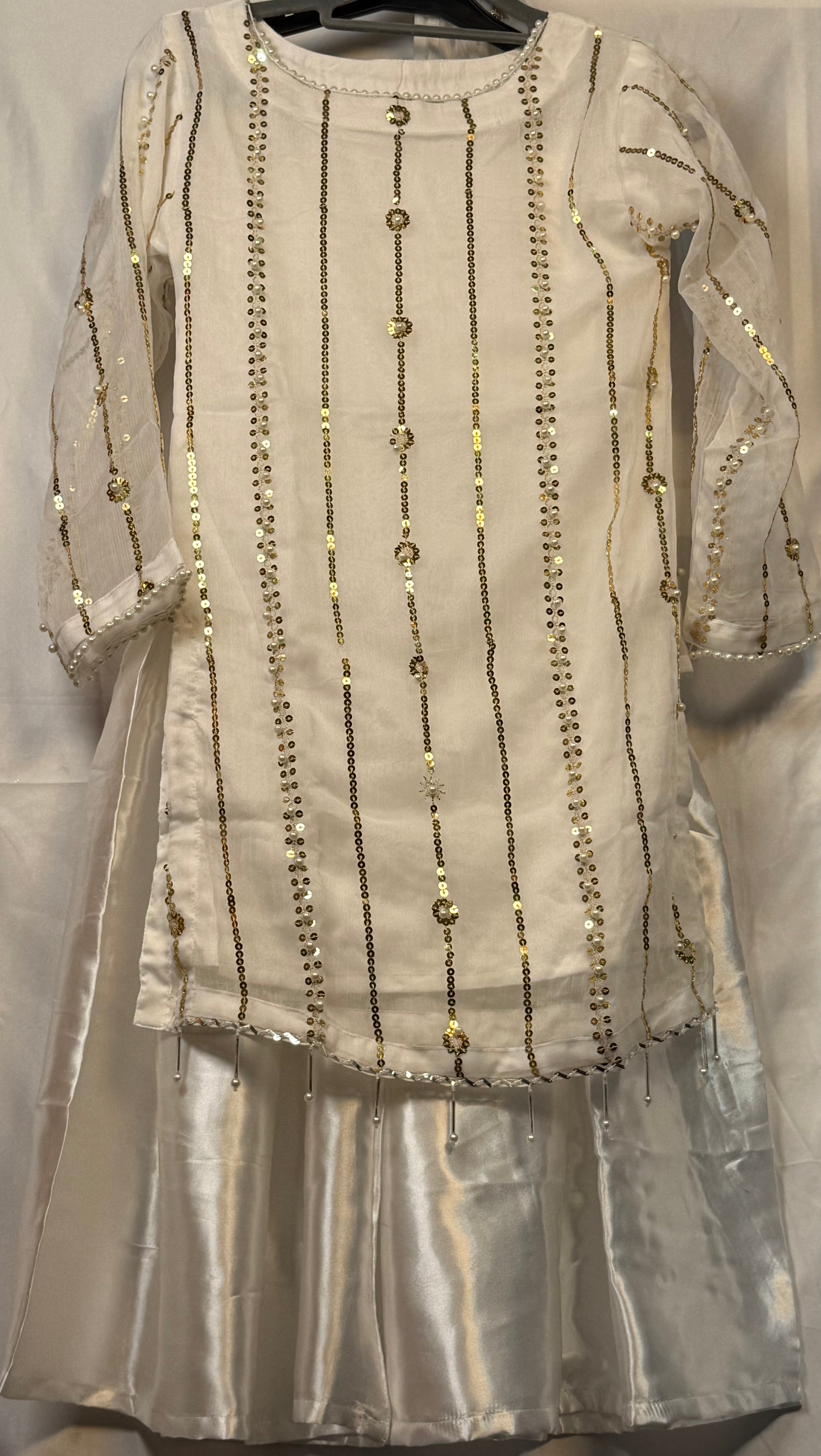 Girls White Chiffon Shirt & Garara Set With Sequence Emobidary On Shirt (3 Piece) Gcgs-21