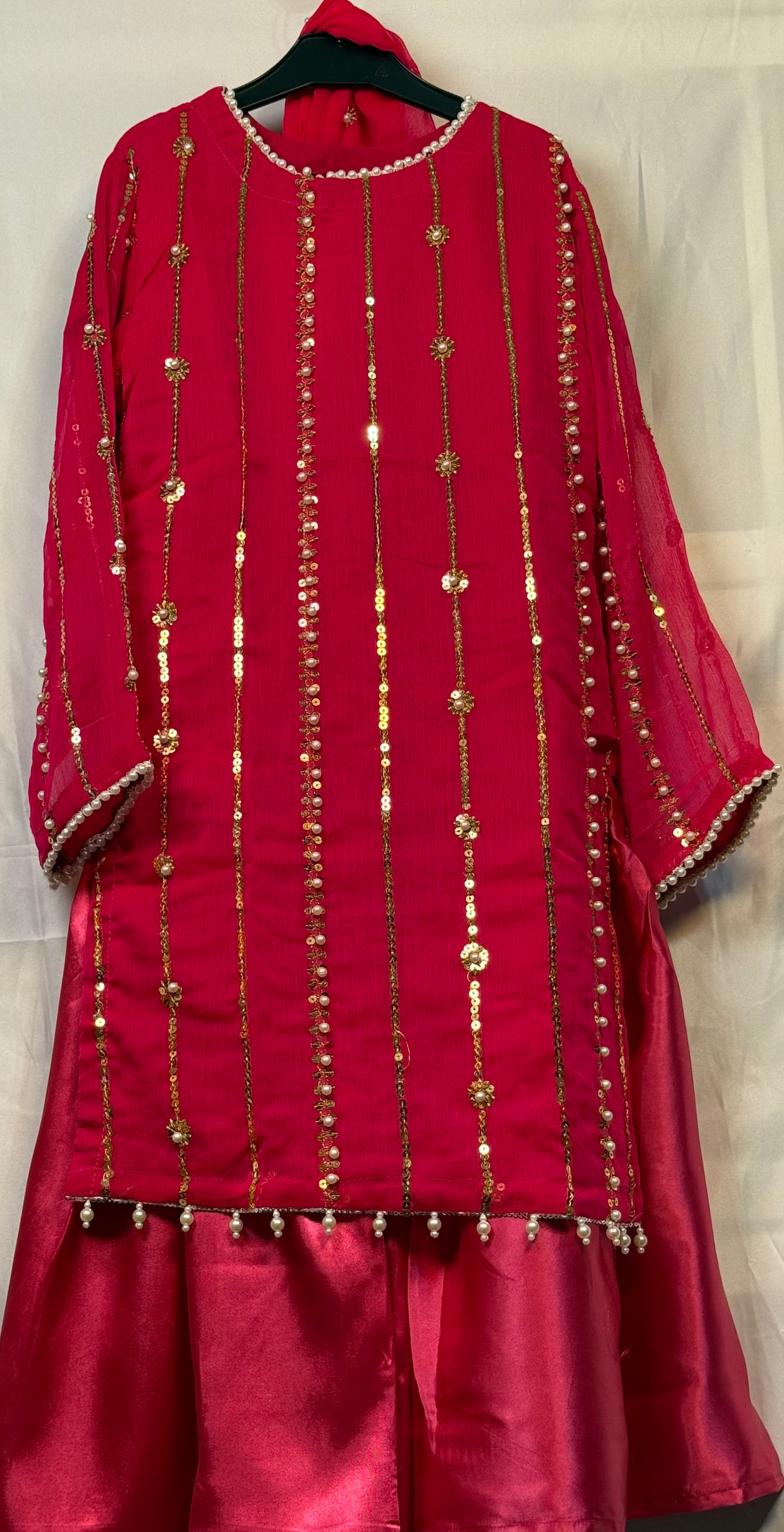 Girls Shocking Pink Chiffon Shirt & Garara Set With Sequence Emobidary On Shirt (3 Piece) Gcgs-23