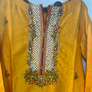Girls cotton mustard suit with trouser- Areeba's Couture