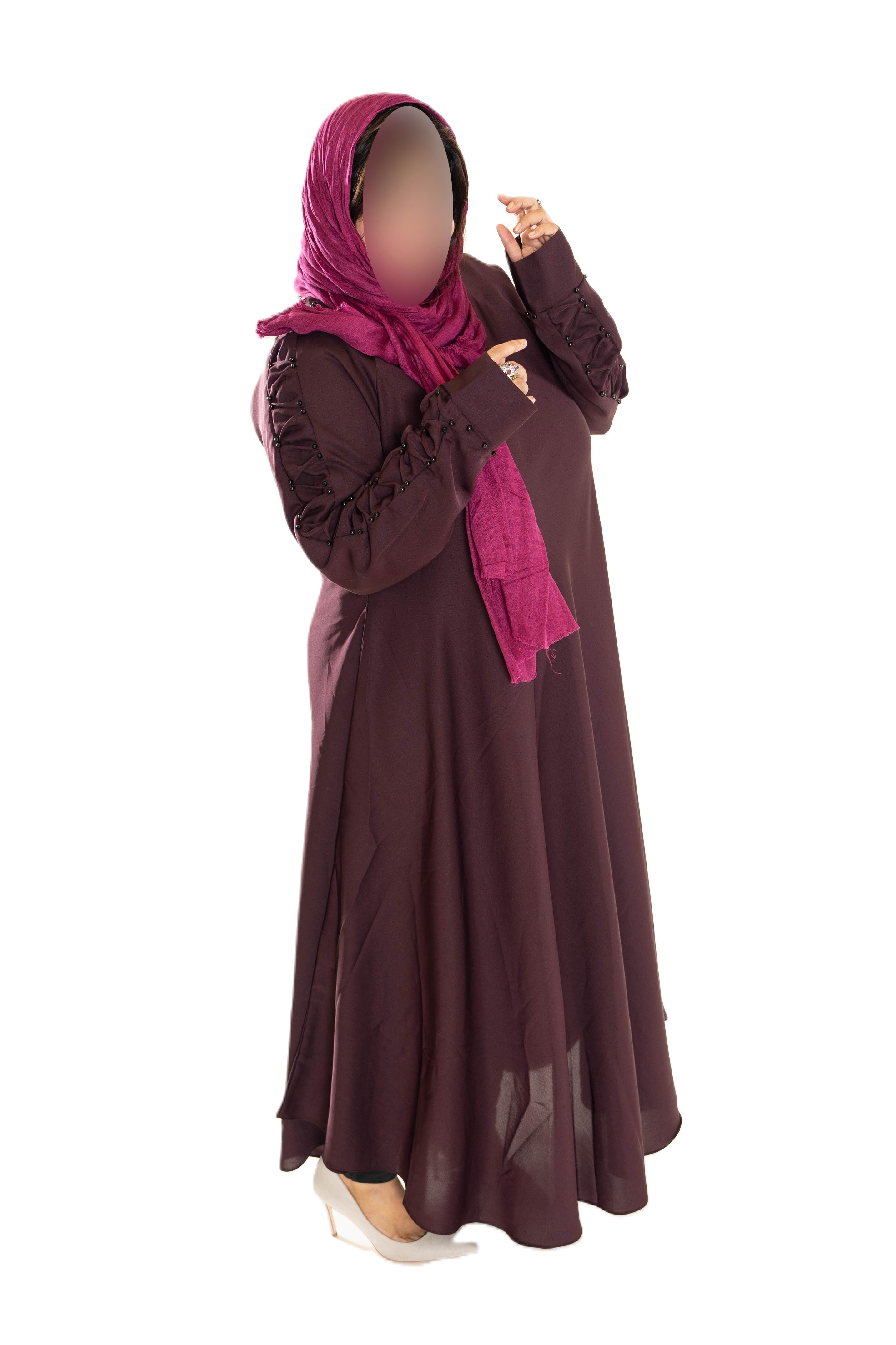 Colour abaya with pleated sleeves and pearls - Scarf sold separately