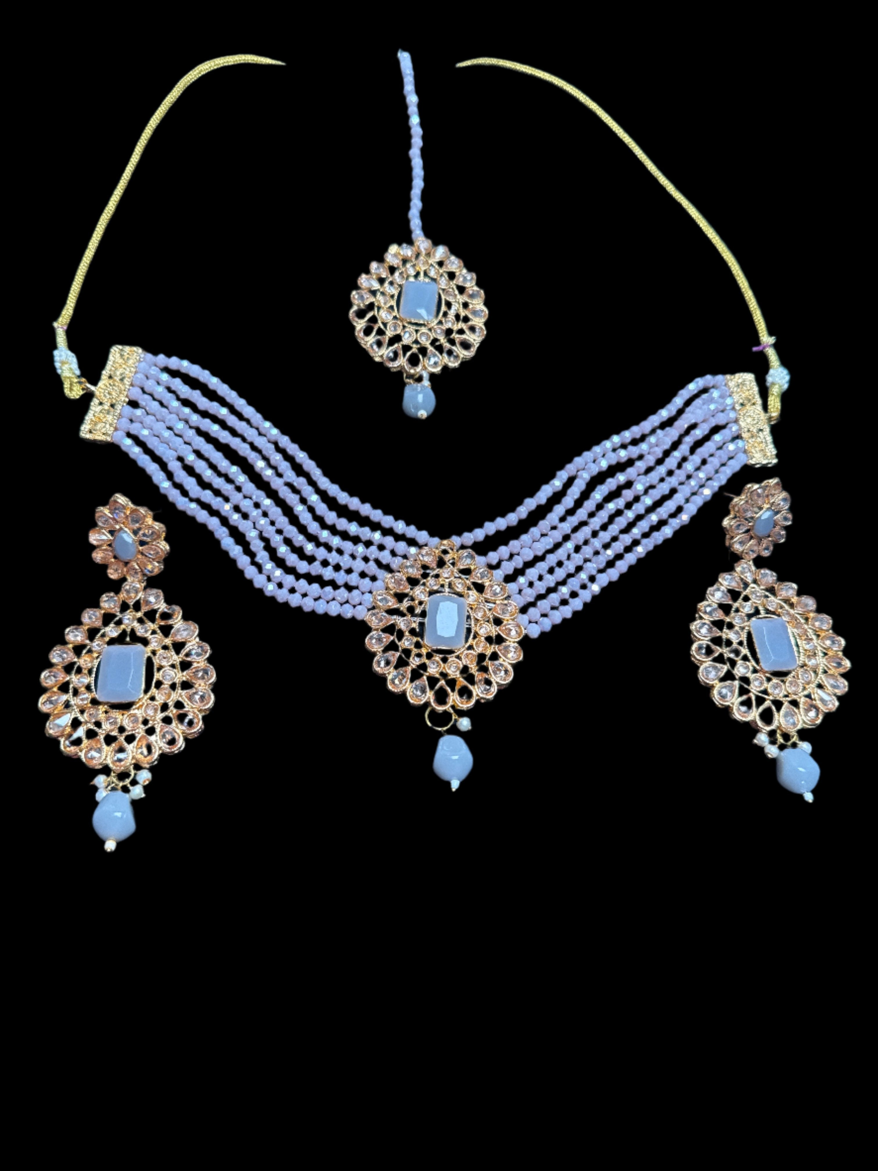 Gold colour Jewellery set with necklace, earrings and Teeka with purple & grey pearls -KS12