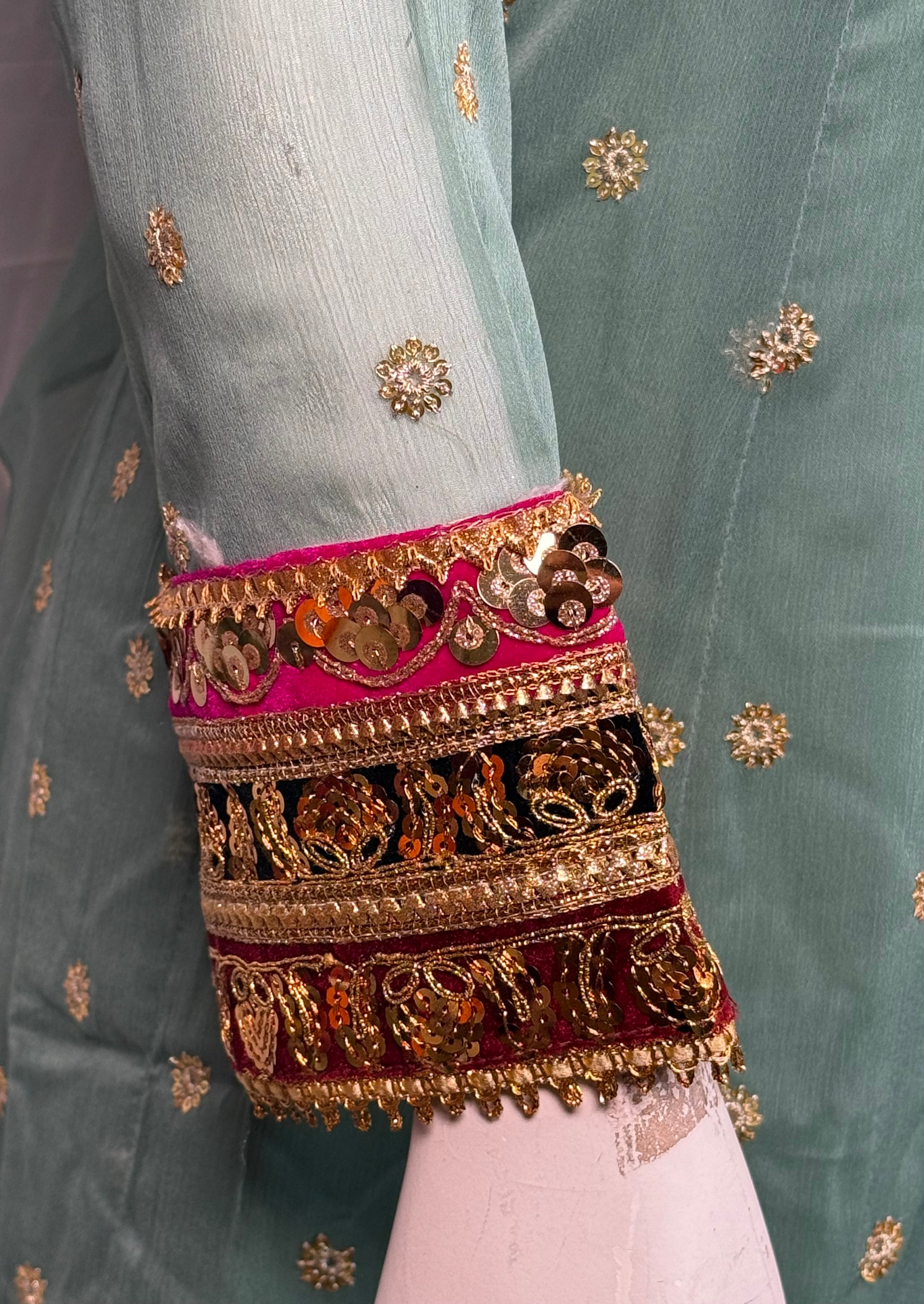 Ladies Mint Green Chiffon Angrakah Style 3 Pcs Suit With Embroidery On Shirt (Last-02)