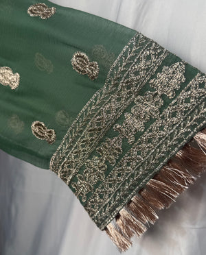 Ladies 3 Pcs Sage Green Garara Set With Embroidery (Including Shirt, Garara And Duptta) Lgs-3- Areeba's Couture