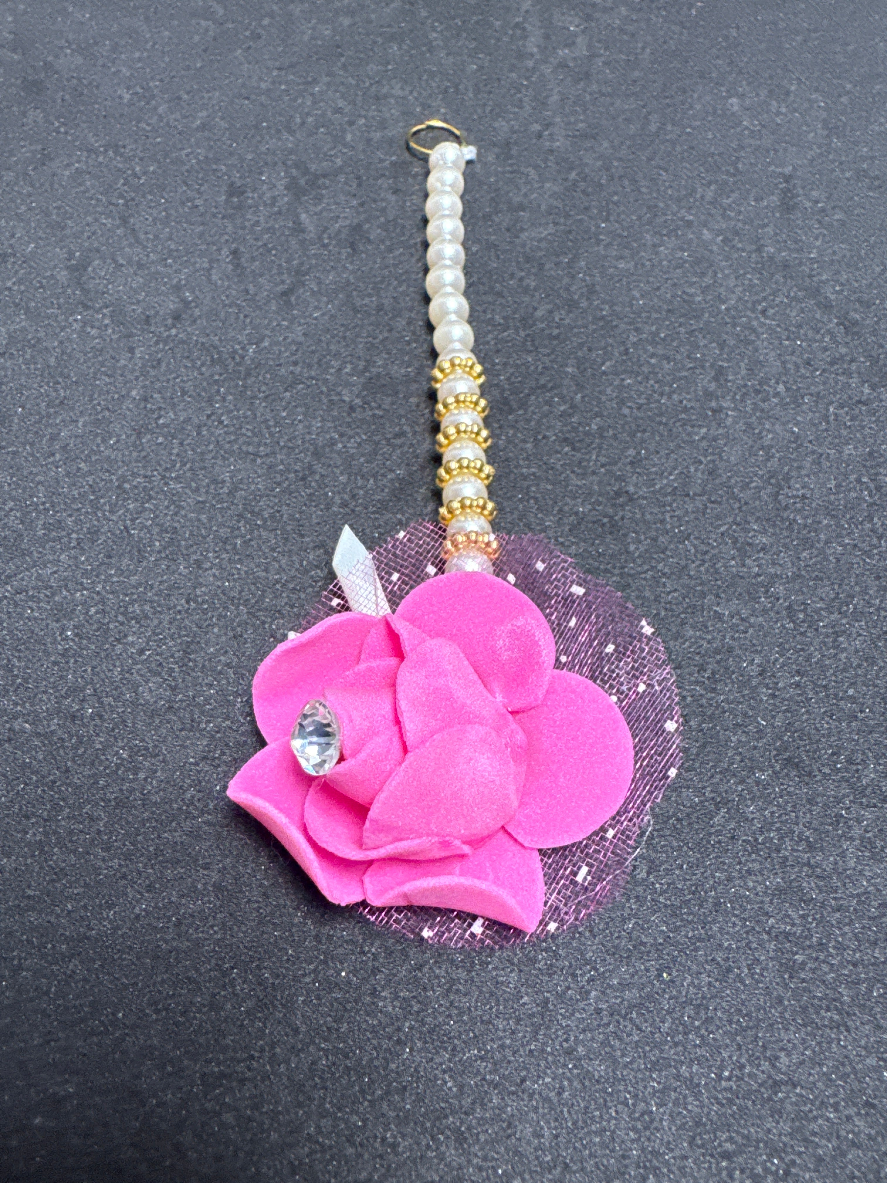 Pink Colour Flower Bindi with Gold Beaded Strap and Rhinestone Center for Traditional Wear