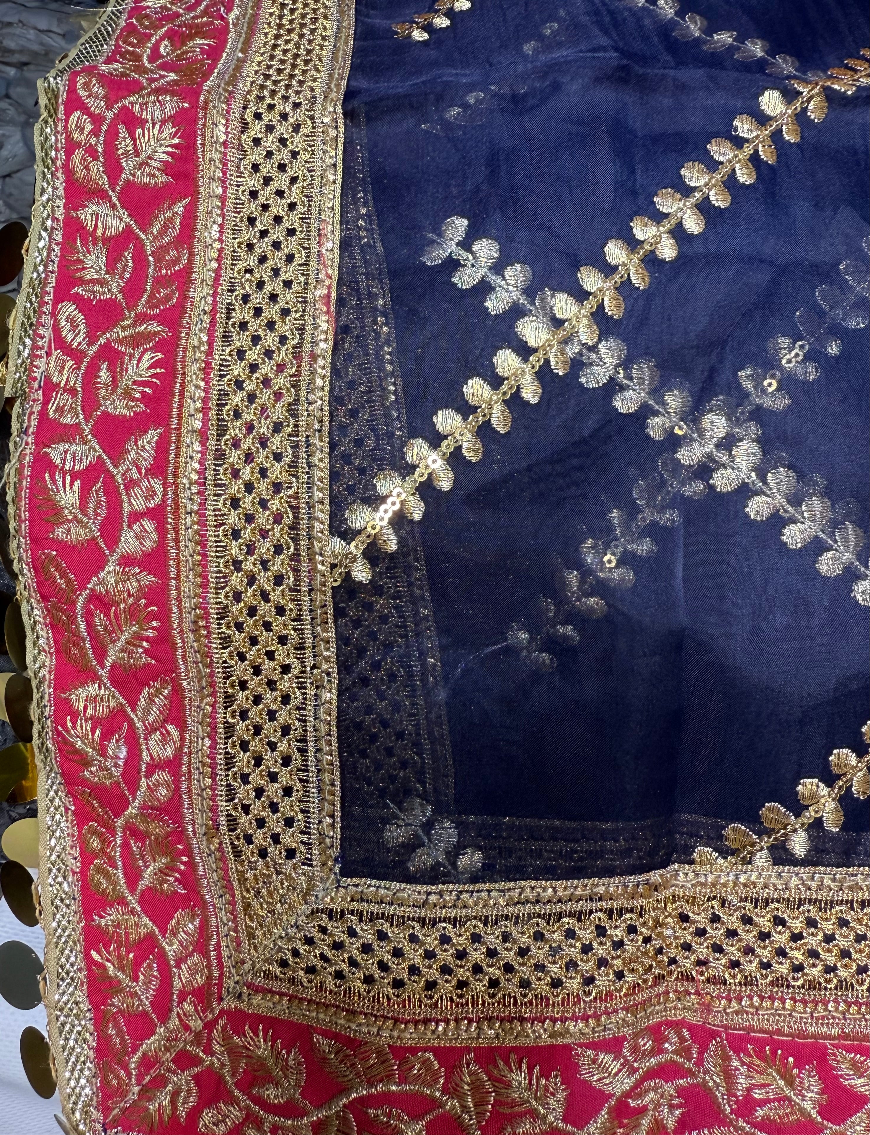 Blue Organza Duptta With Embroidery And Coin Lace By Areeba'S Couture