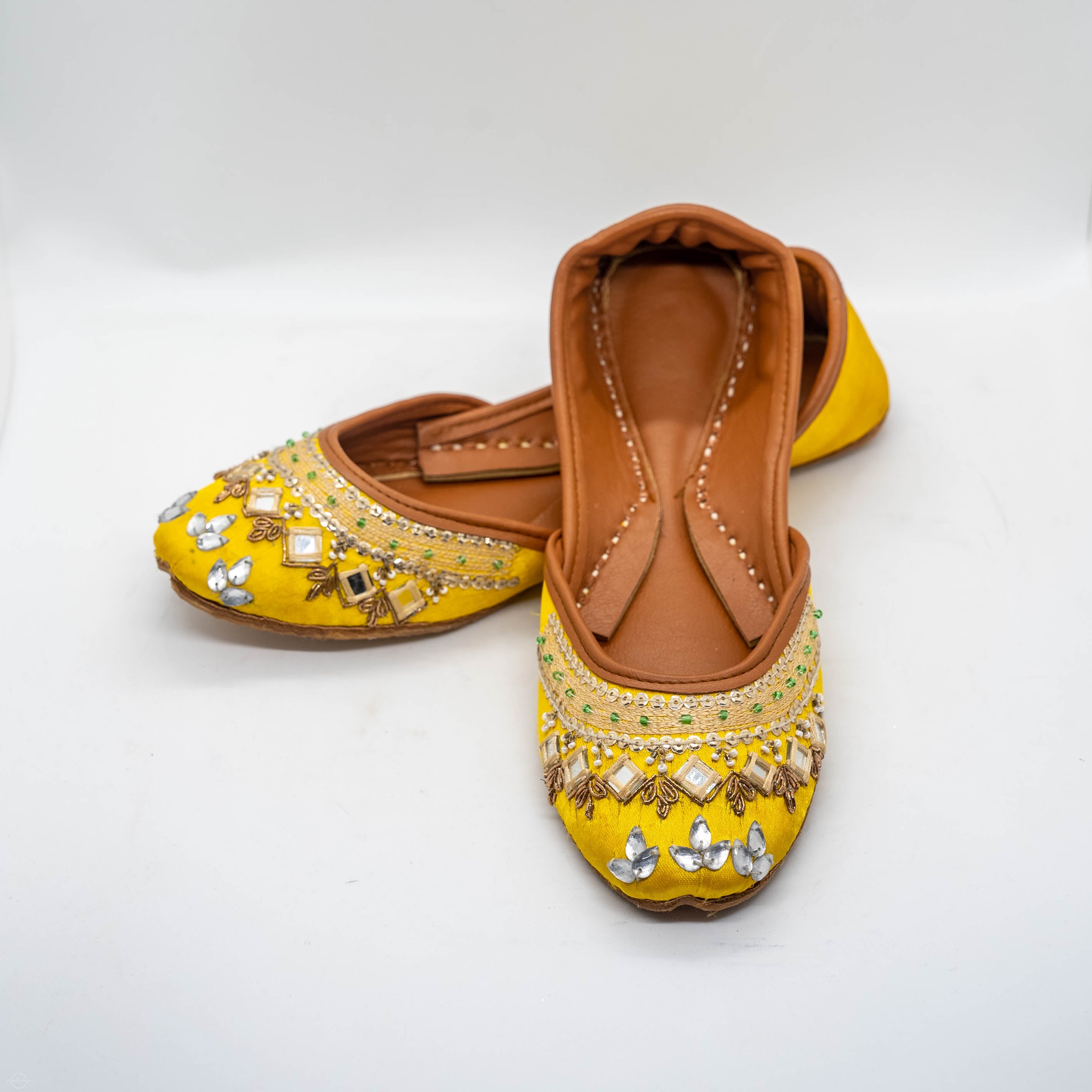 Yellow Leather Khussa with Mirror Work Handcrafted High-Quality Leather Comfortable and Durable for Special Occasions