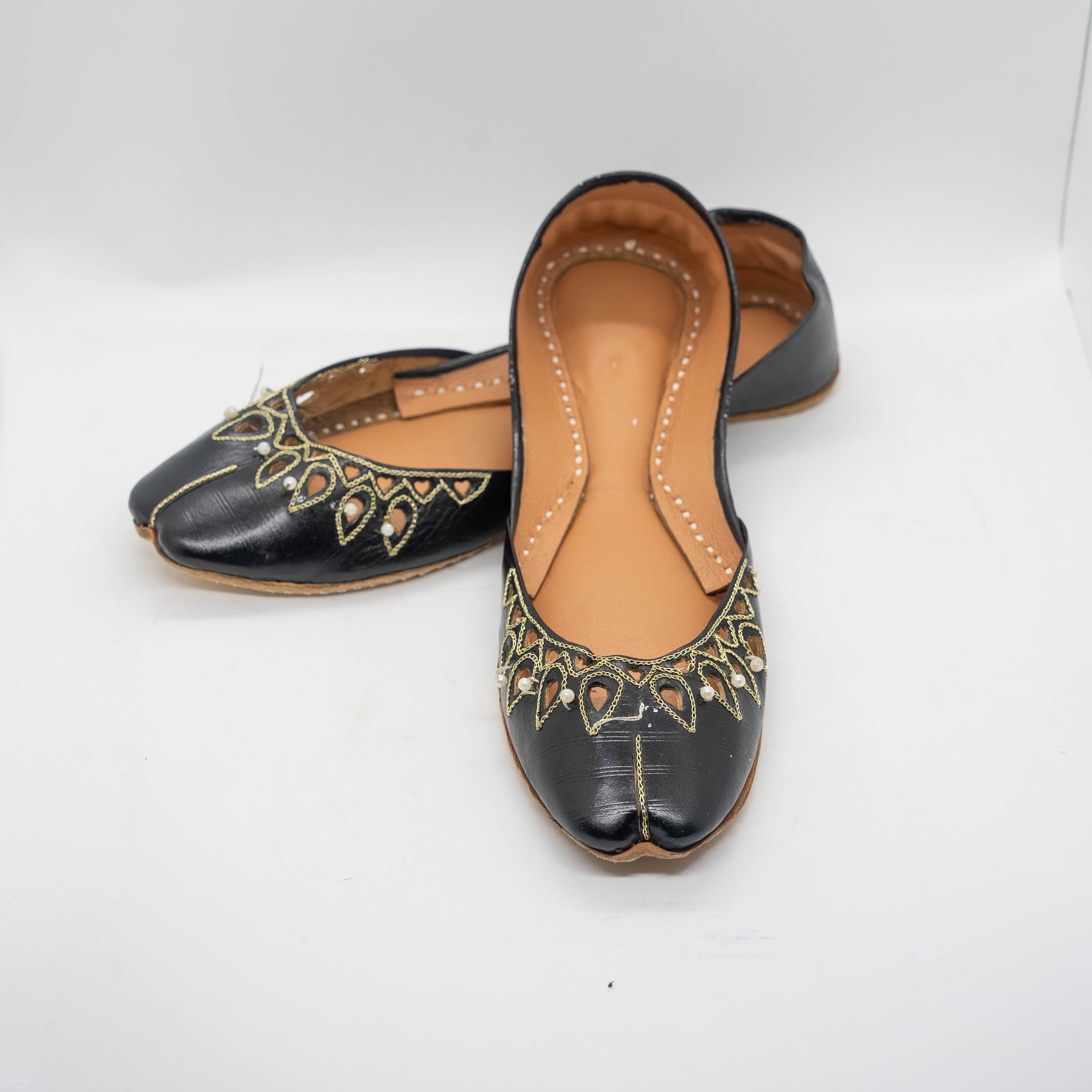 BLACK LEATHER KHUSSA PEARLS Women Footwear – Areeba's Couture