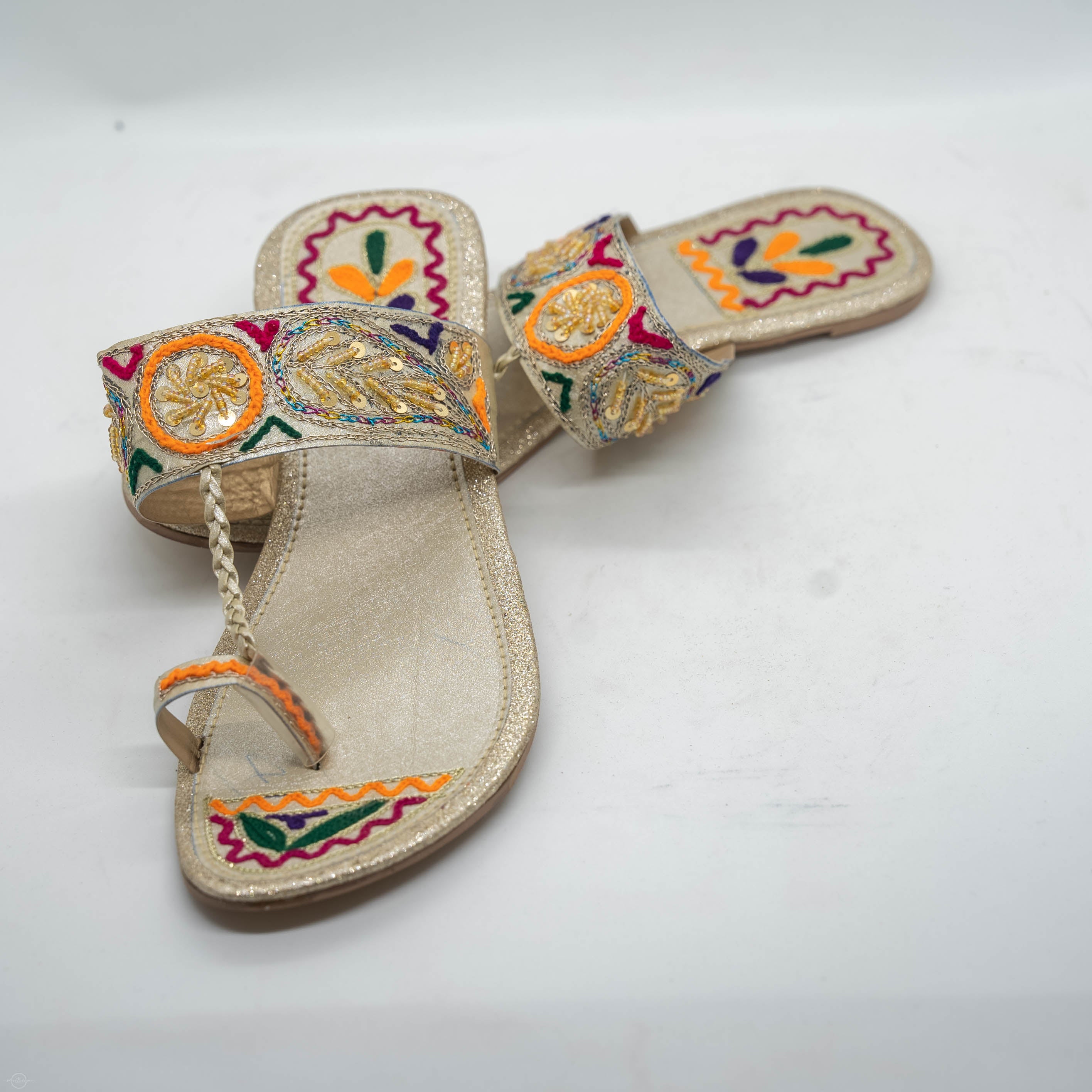 Matt Gold Embroidered Kolapuri Chapal - Hand-Crafted Traditional Sandals with Intricate Gold Embroidery for Any Occasion