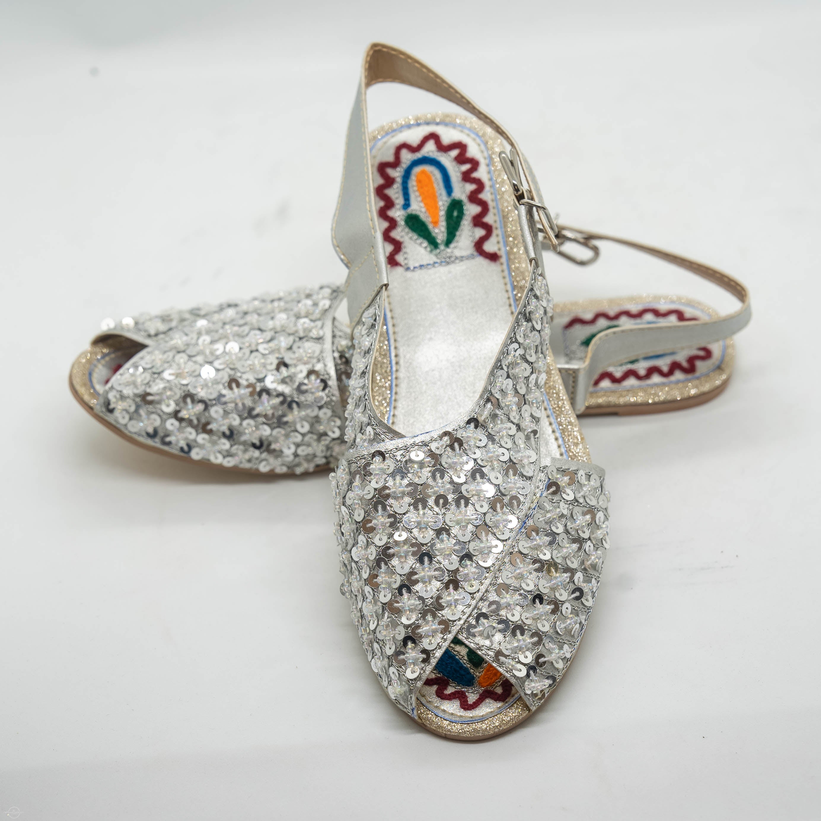 Silver Sequence Kolapuri Sandals with Glamorous Silver Sequins for Comfort and Support in Traditional Indian Design