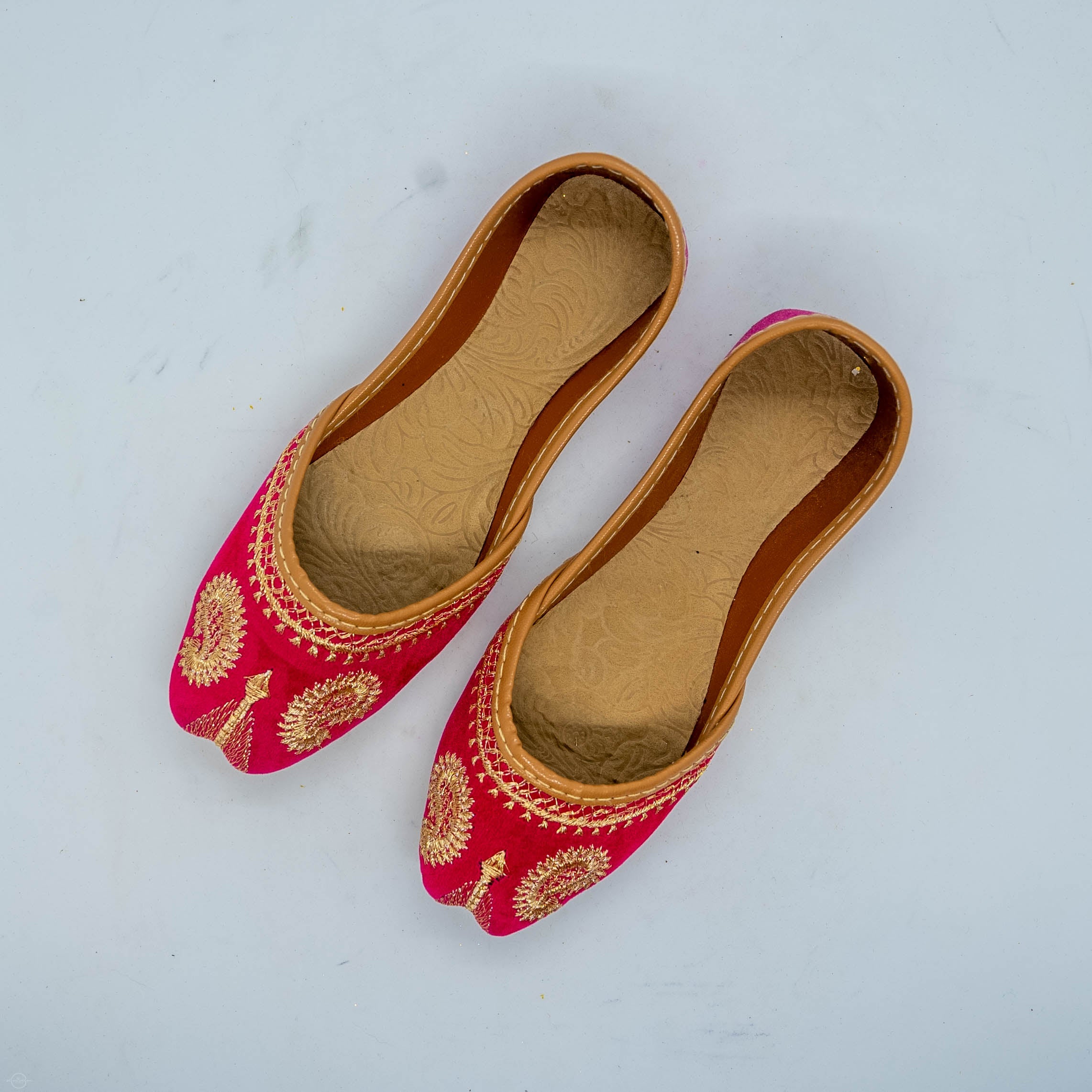 Hot Pink Girls Embroidered Khussa Shoes - Intricate Gold Embroidery for Comfort & Durability - Perfect for Any Outfit