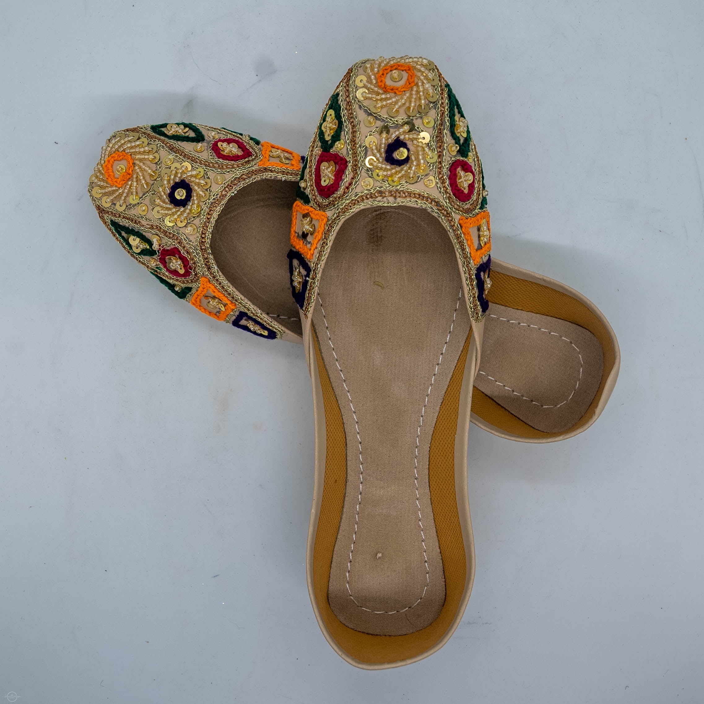 Beige Embroidered Khussa and Sequence Shoes with Intricate Embroidery and Sequin Detailing for Elegance and Practicality
