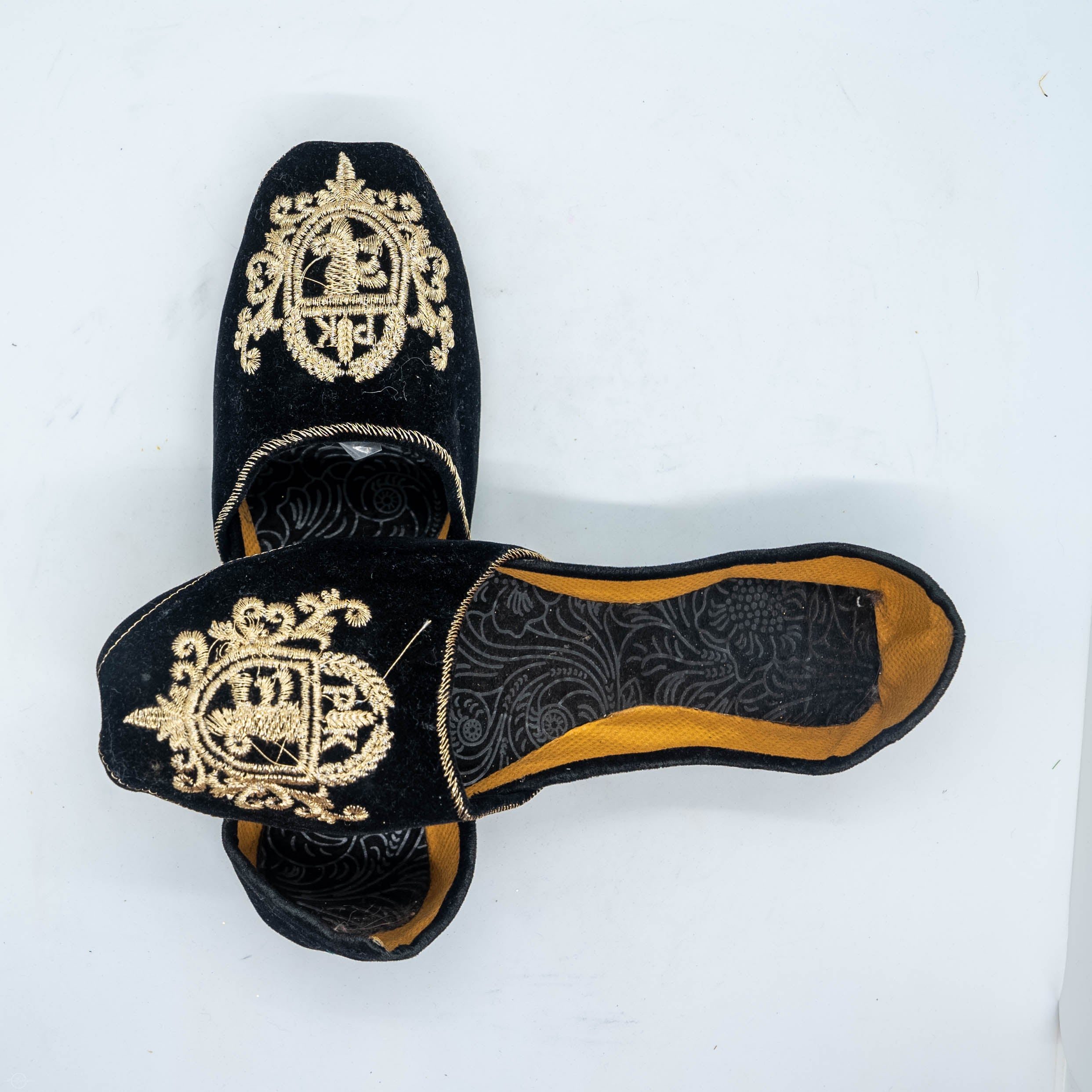 Black Velvet Embroidered Khussa - Handmade Luxury Slip-On Shoes with Delicate Gold Embroidery for Timeless Elegance