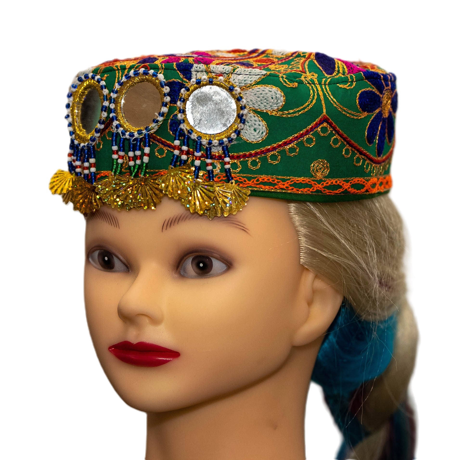 Afghan Hat 19 - Vibrant Green with Gold Accents and Beaded Detailing for Cultural Charm and Stylish Statements