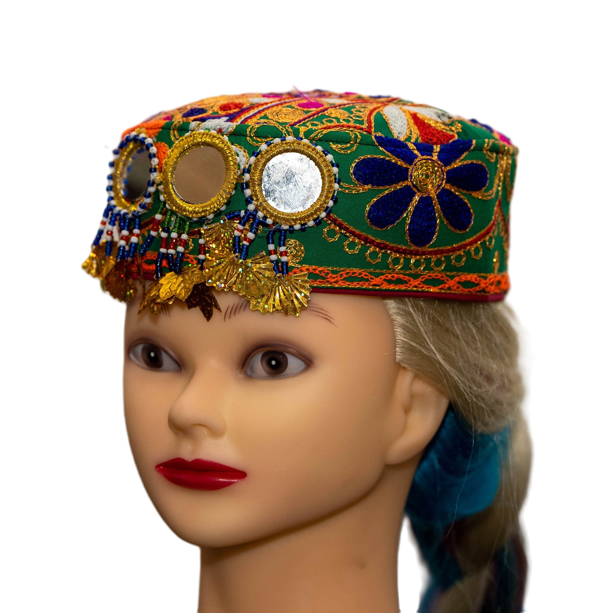 Afghan Hat 23 - Vibrant Green Embroidered Cultural Hat with Gold Mirrors and Beads for Traditional Fashion