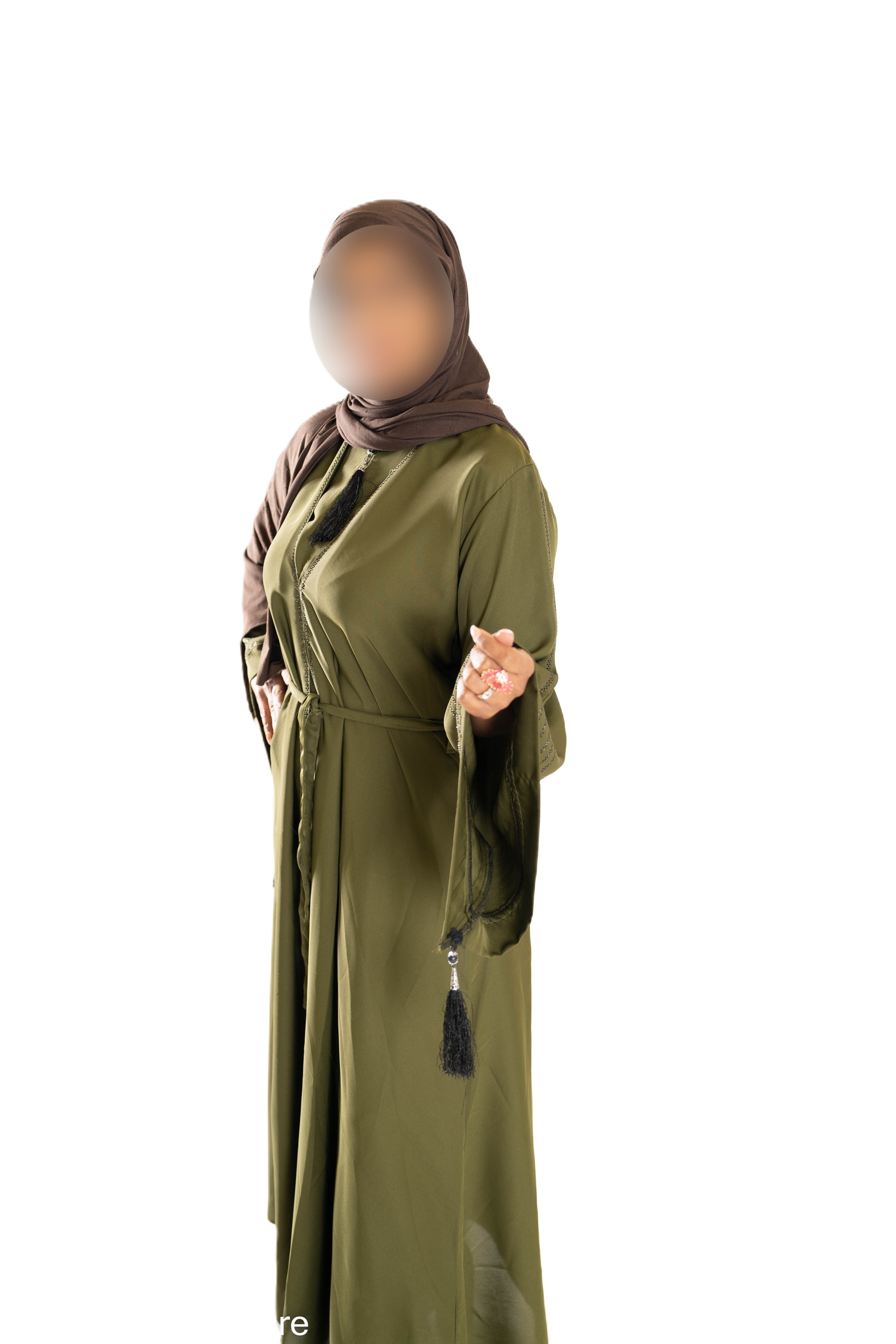 V Neck Abaya with Tassel in Olive Green - Elegant Long Sleeve Dress for Women