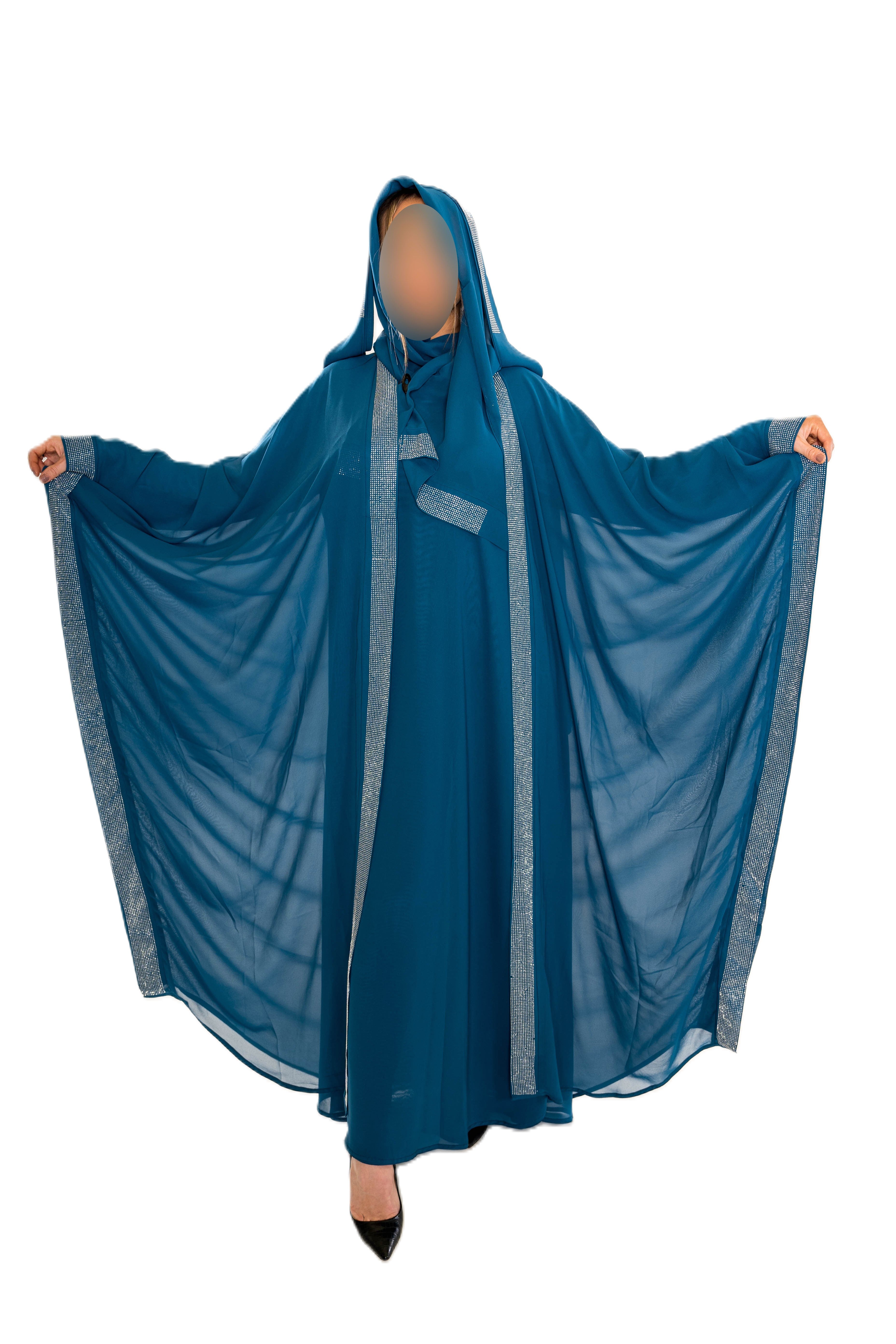 Elegant 3 Piece Fancy Abaya with Hood in Luxurious Chiffon Fabric for Any Occasion