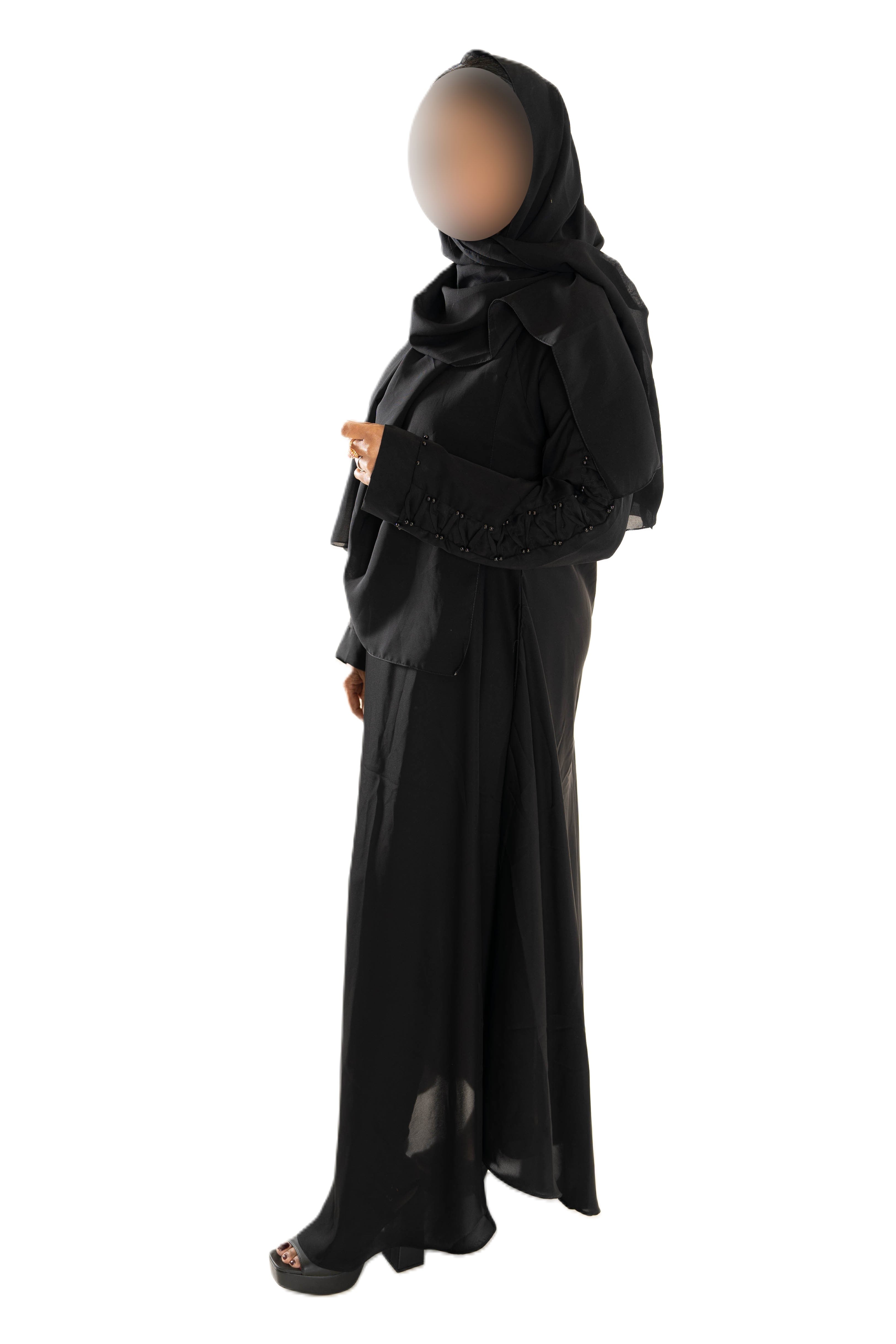 Colour abaya with pleated sleeves and pearls - Scarf sold separately