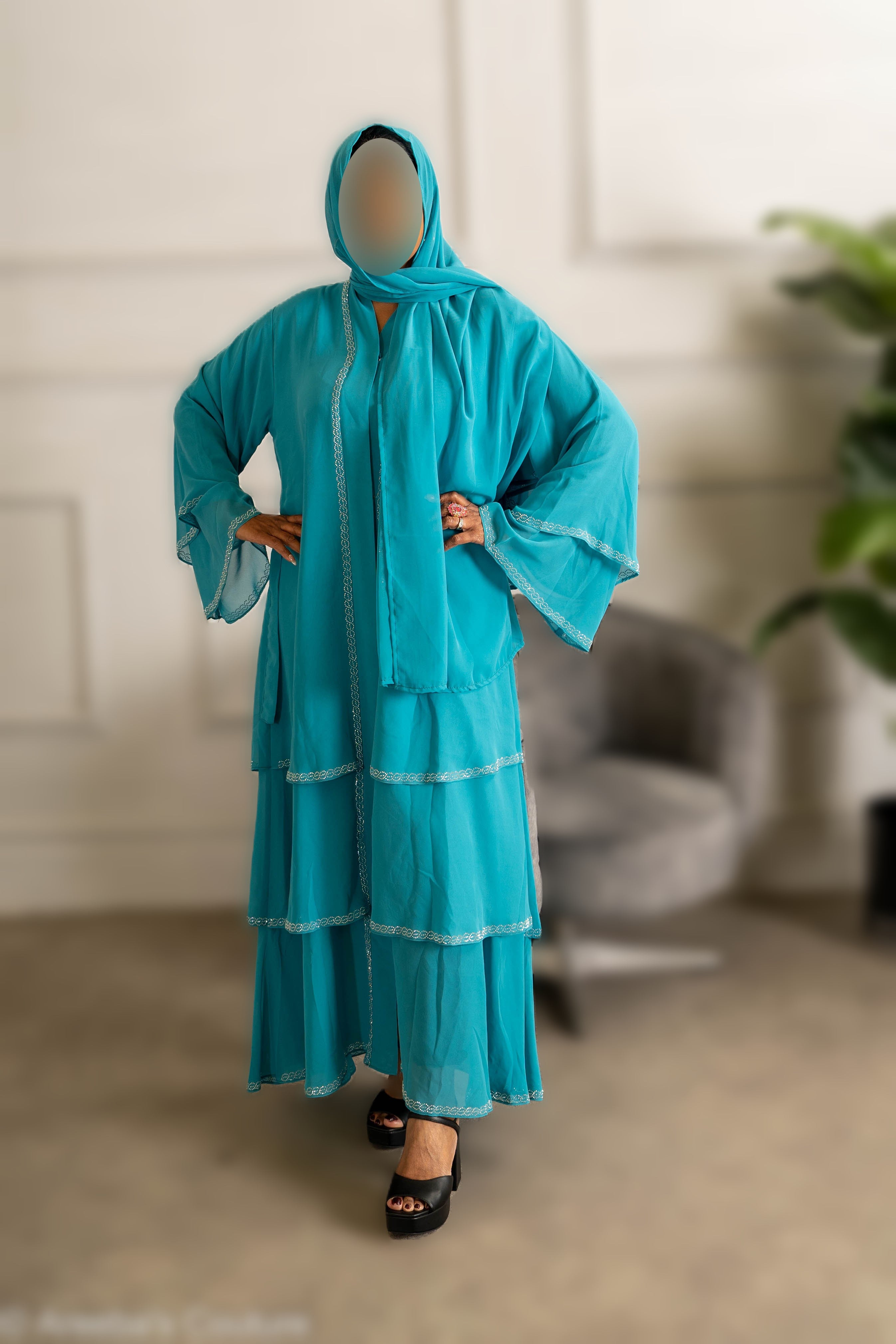 Chiffon Triple Layered Abaya in Vibrant Teal for Elegance and Comfort