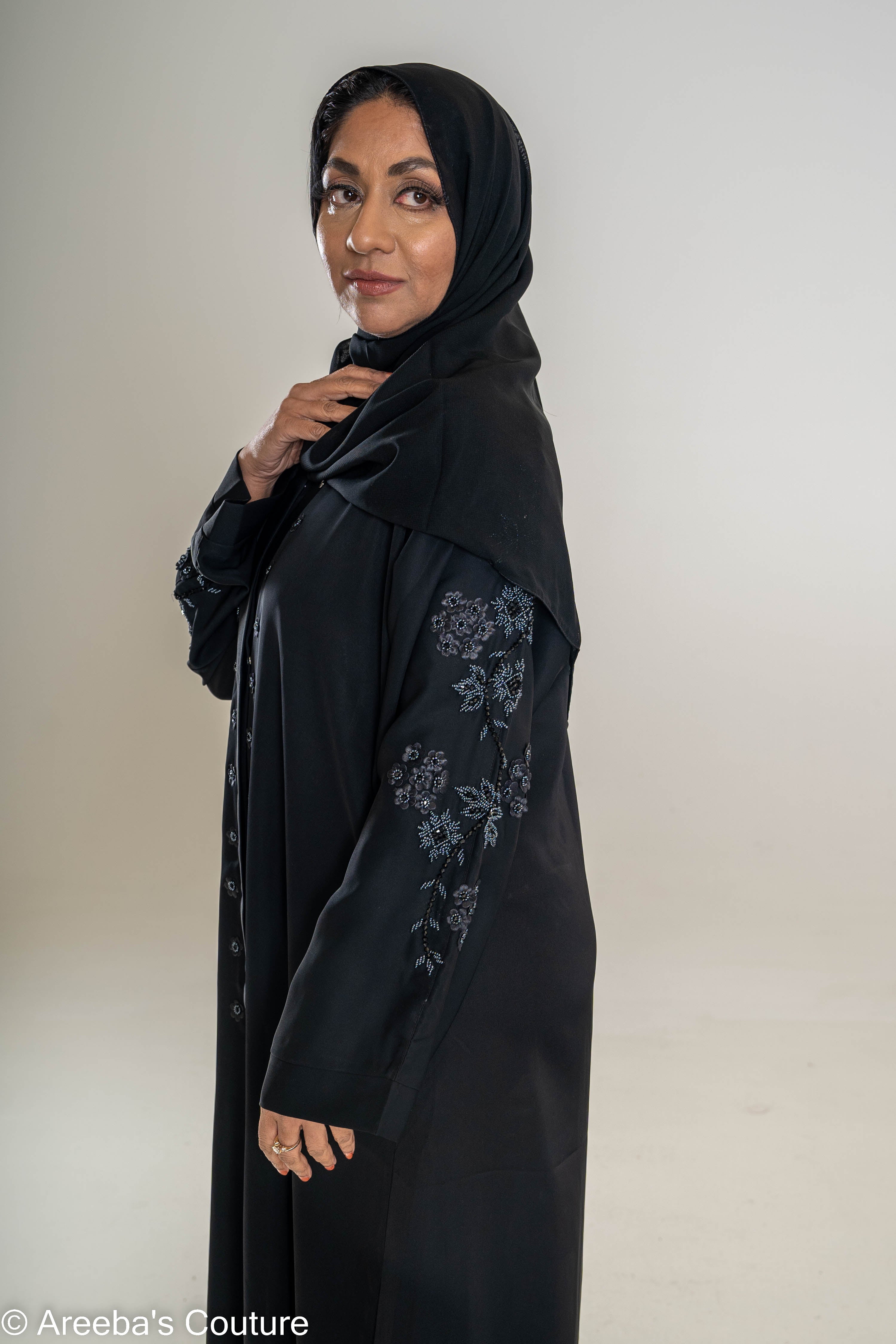 Areeba's Couture Black on Black Cut Dana Abaya - High-Quality Fabric with Elegant Black Dana Detailing for Timeless Style