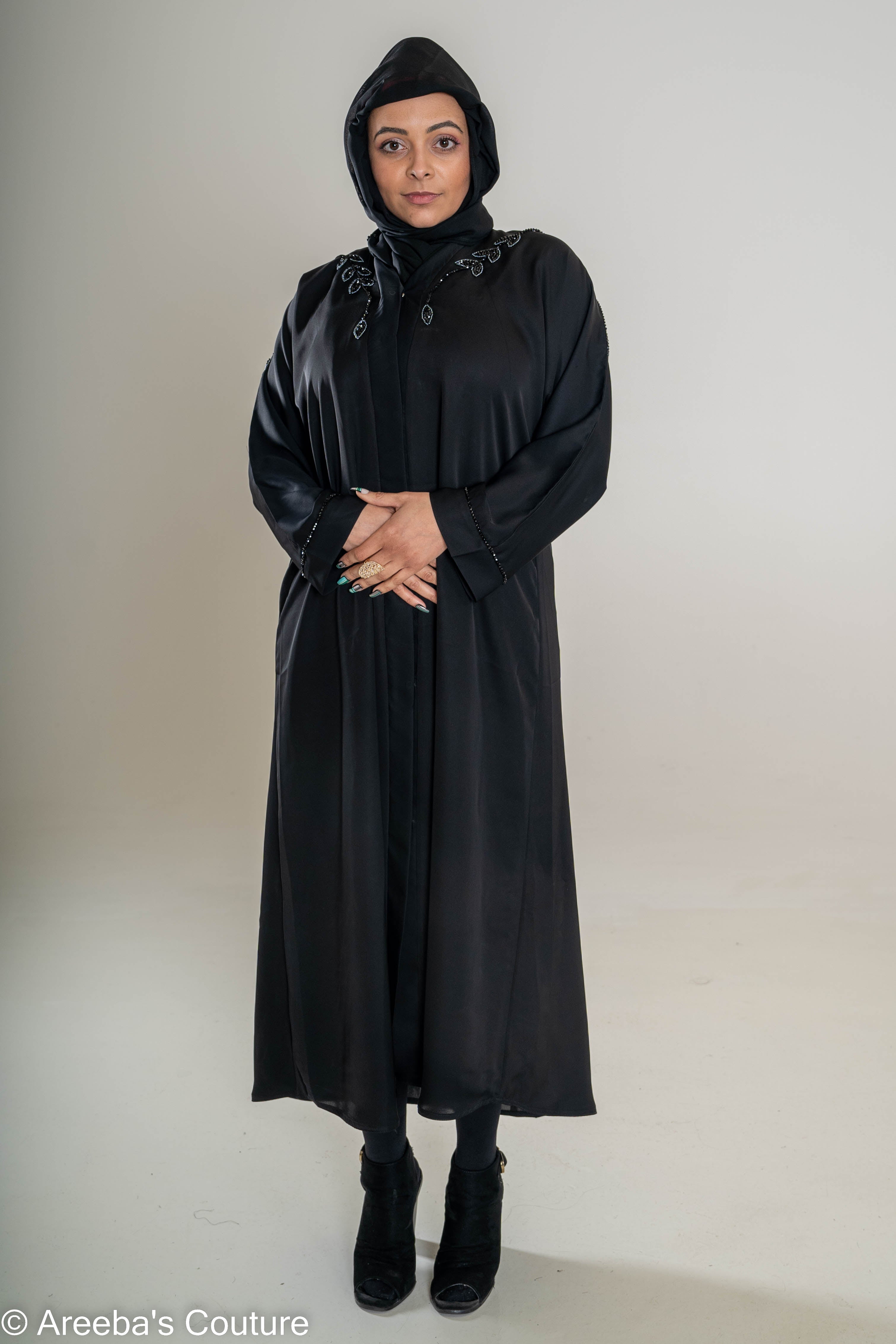 Areeba's Couture Black on Grey Cut Dana Abaya with Elegant Embroidery and Hooded Design