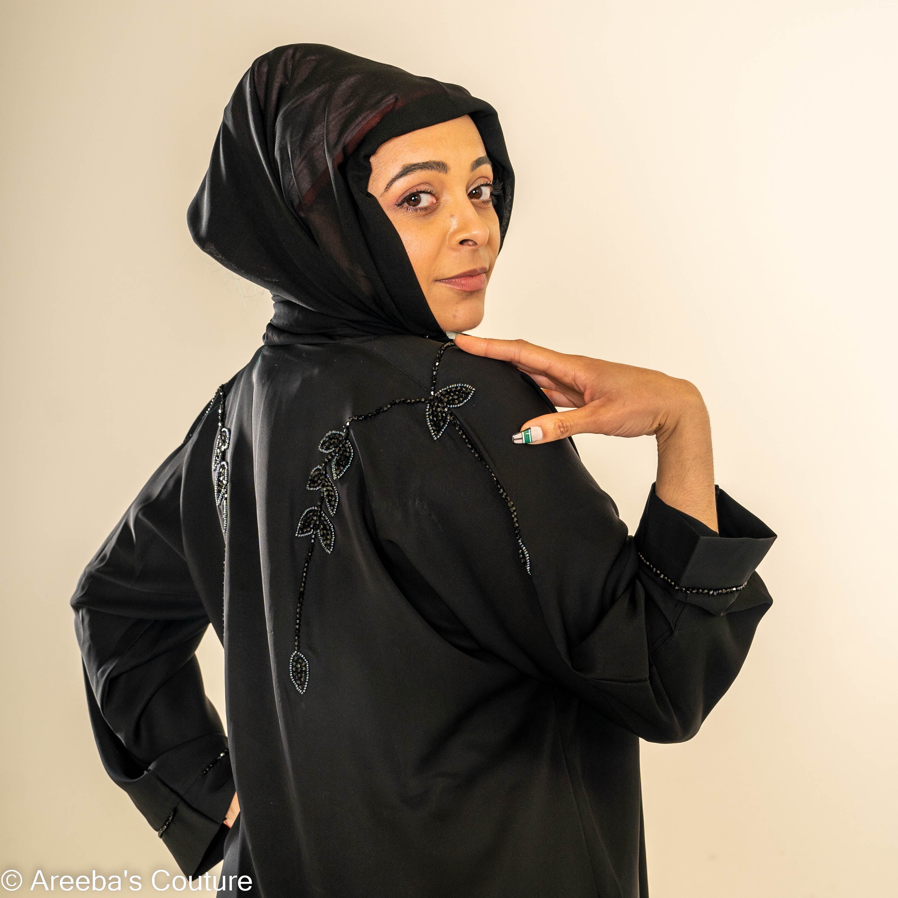 Areeba's Couture Black on Grey Cut Dana Abaya with Elegant Embroidery and Hooded Design