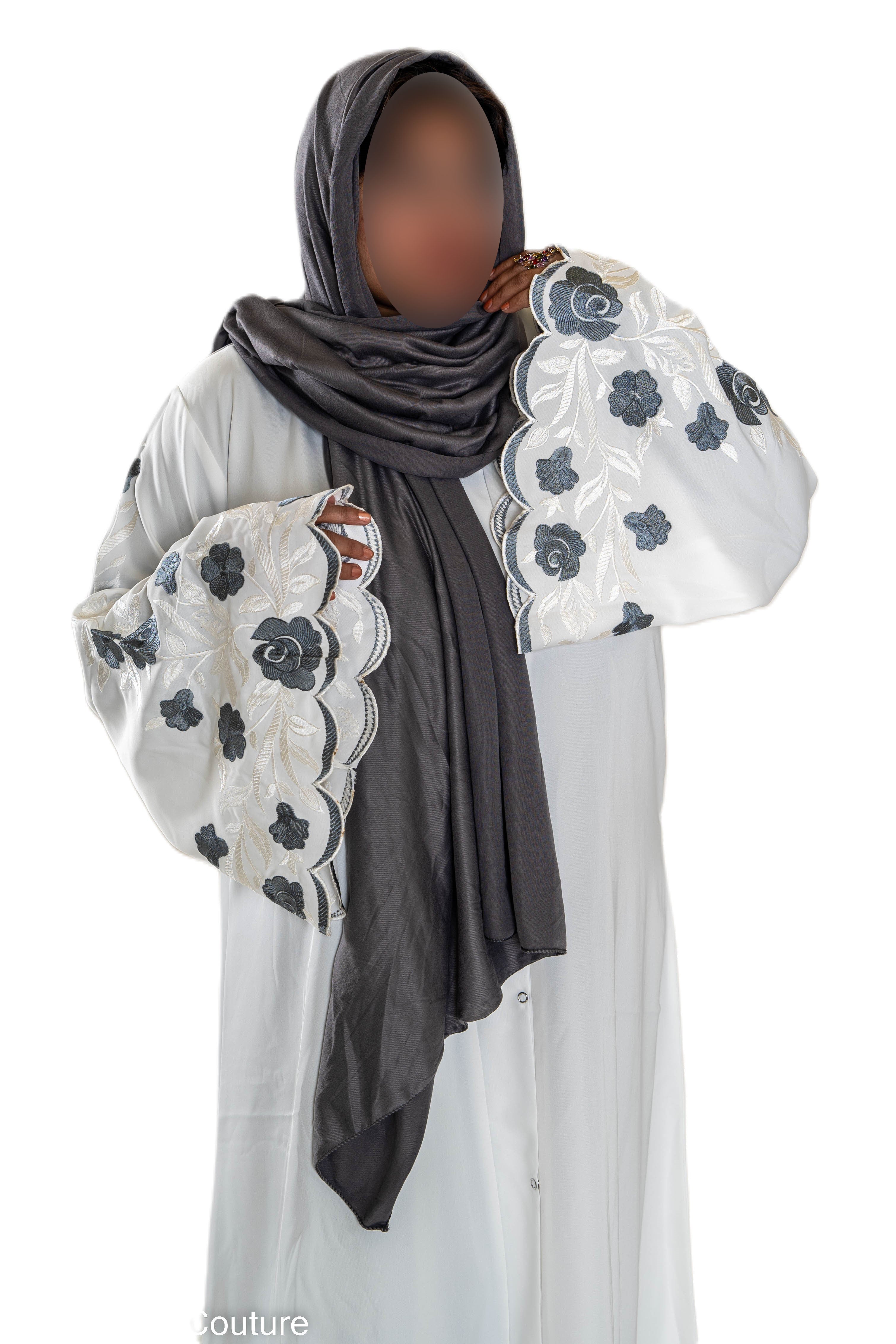 White Abaya with Embroidered Sleeves - High-Quality Fabric & Intricate Embroidery for Elegance and Sophistication ID