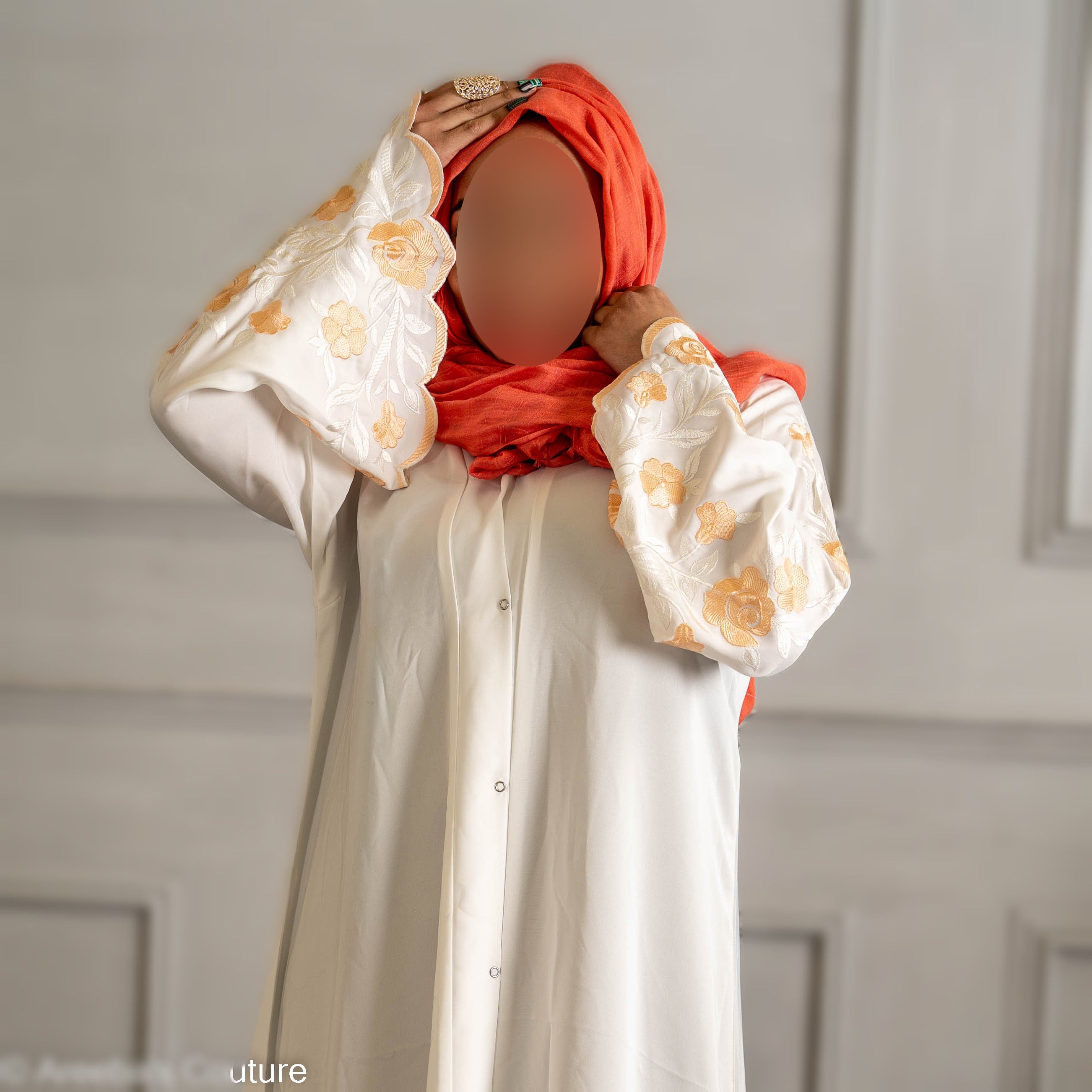 White Abaya with Embroidered Sleeves - High-Quality Fabric & Intricate Embroidery for Elegance and Sophistication ID