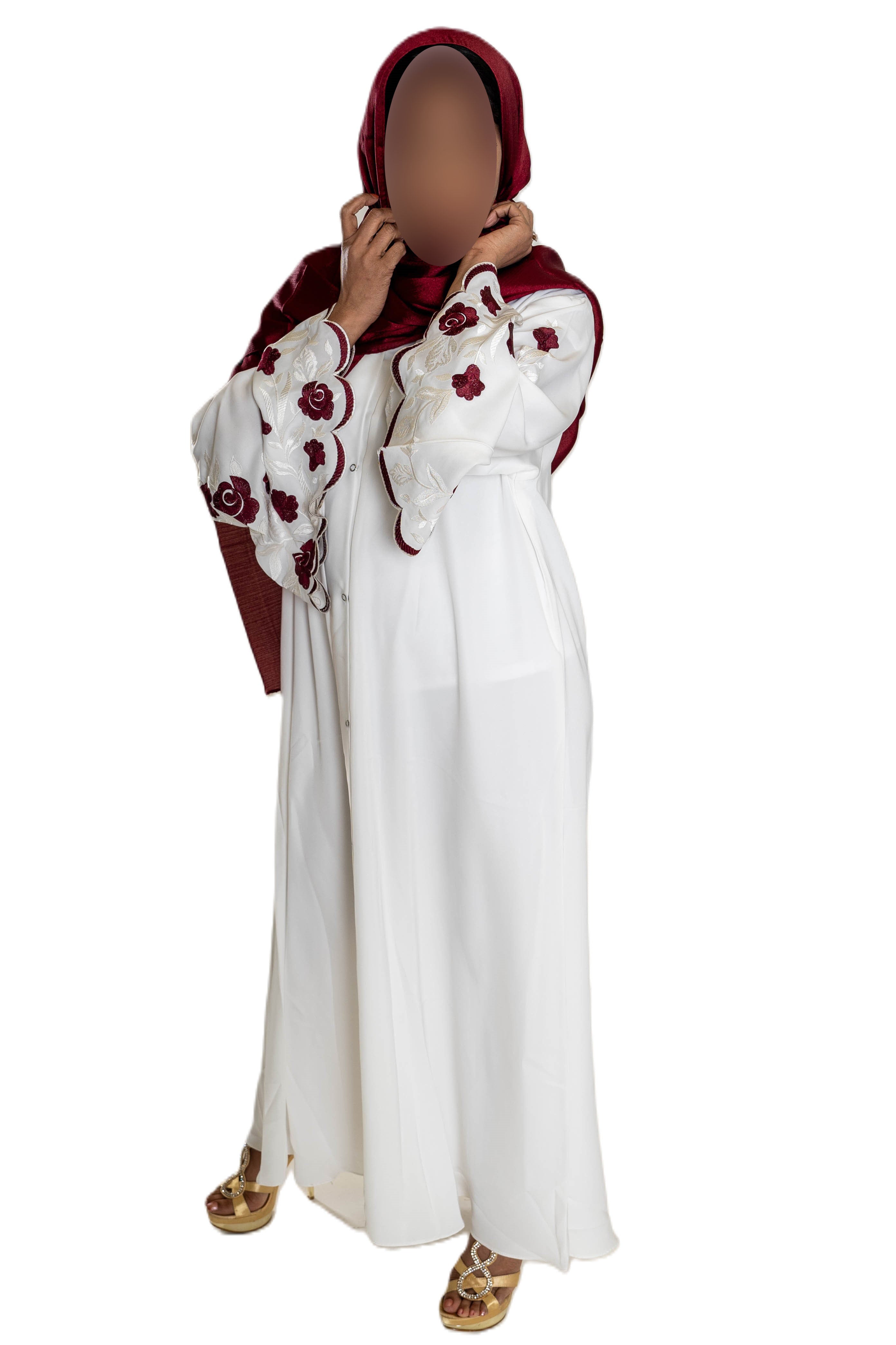 White Abaya with Embroidered Sleeves - High-Quality Fabric & Intricate Embroidery for Elegance and Sophistication ID