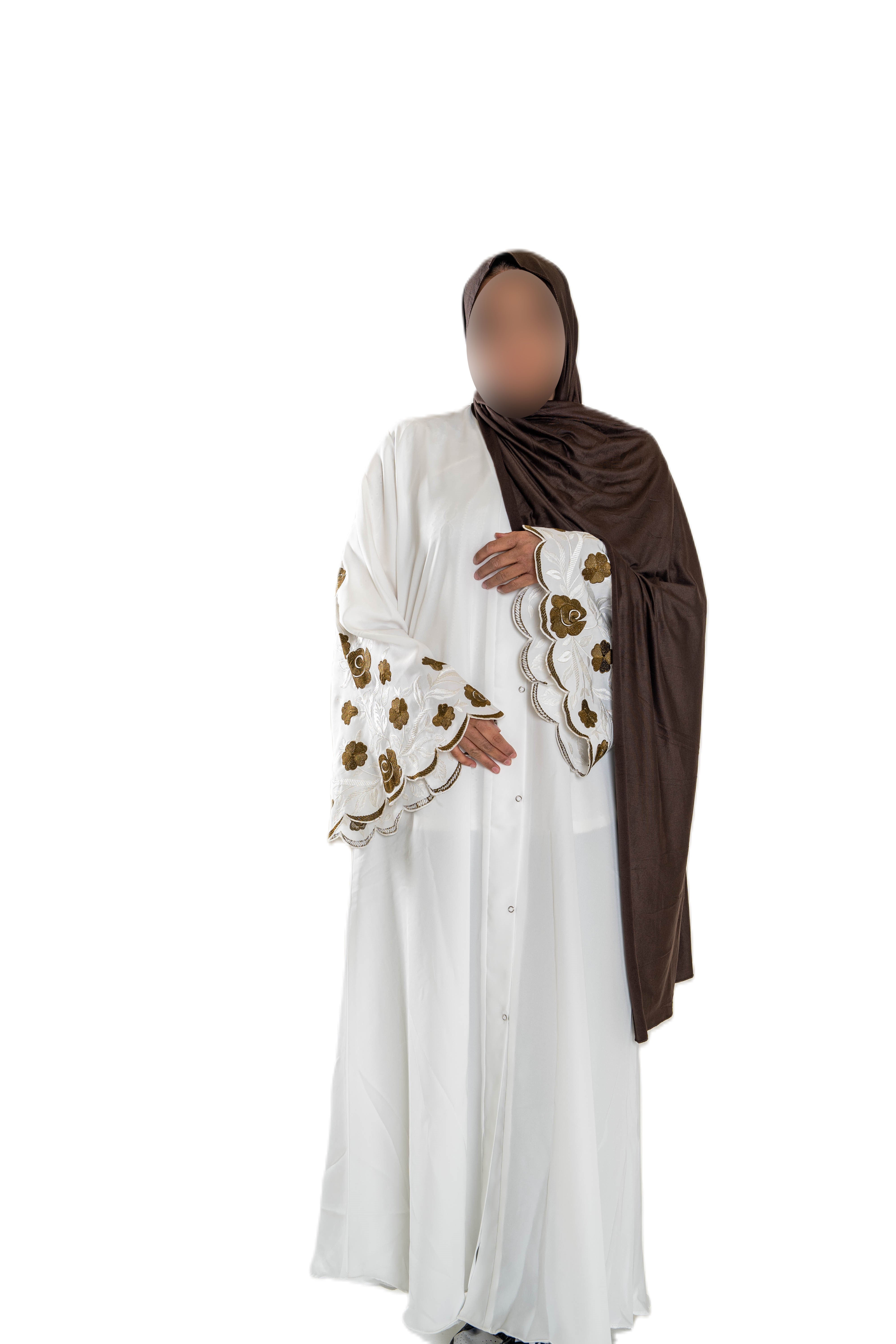 White Abaya with Embroidered Sleeves - High-Quality Fabric & Intricate Embroidery for Elegance and Sophistication ID