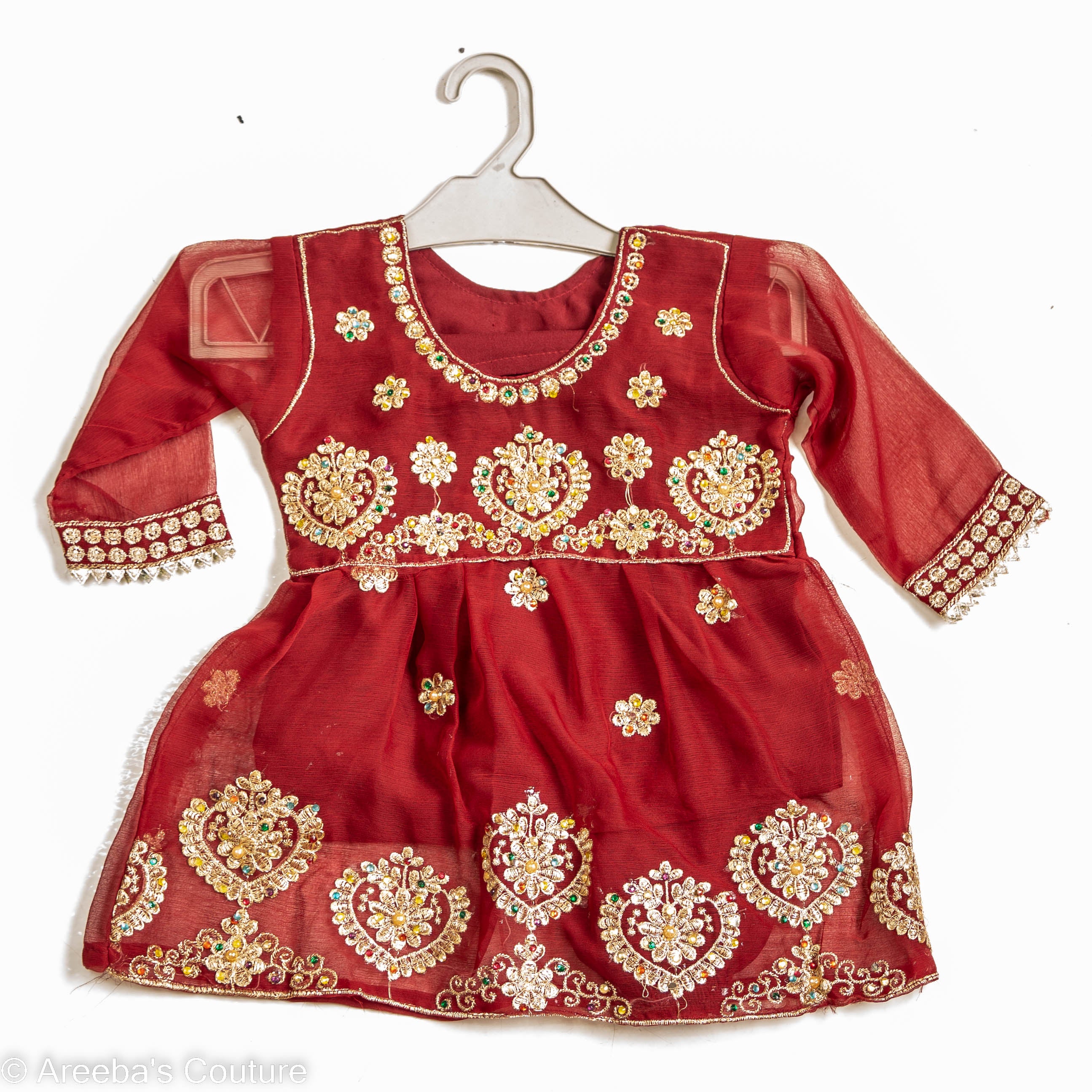 Areeba's Couture Red Chiffon Frock with Embellishments - Elegant Eye-Catching Design for Fashion-Forward Individuals
