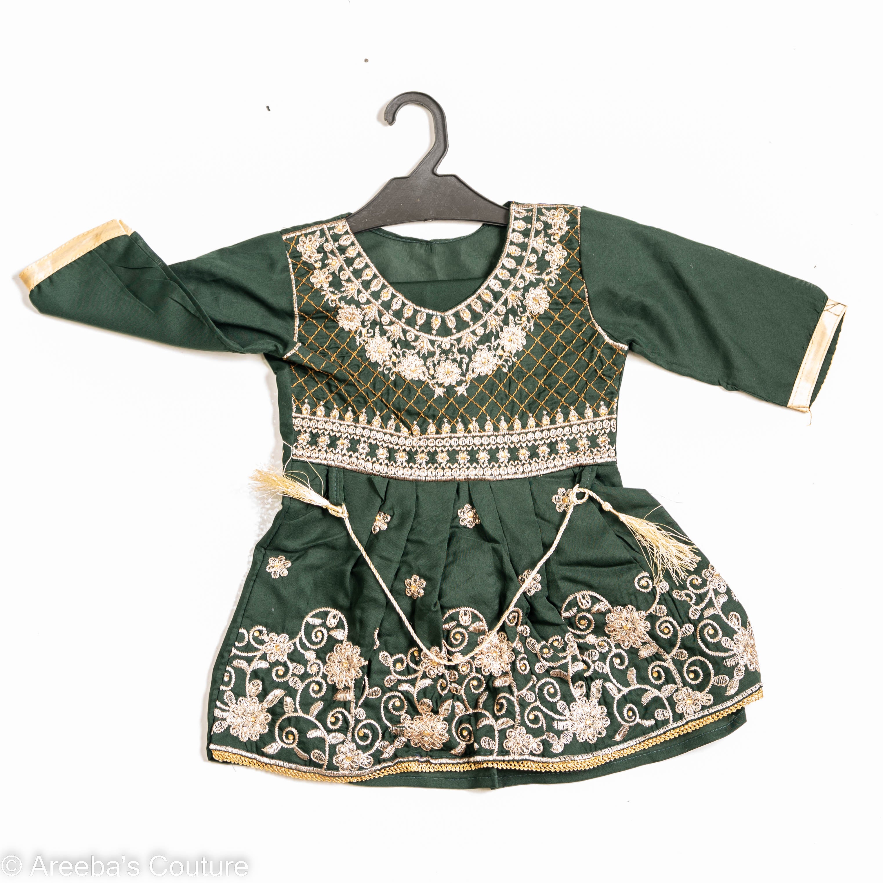Areeba's Couture Bottle Green Cotton Frock Set for Little Girls Soft High-Quality Comfortable Fit Timeless Design Versatile for Play or Special Occasions