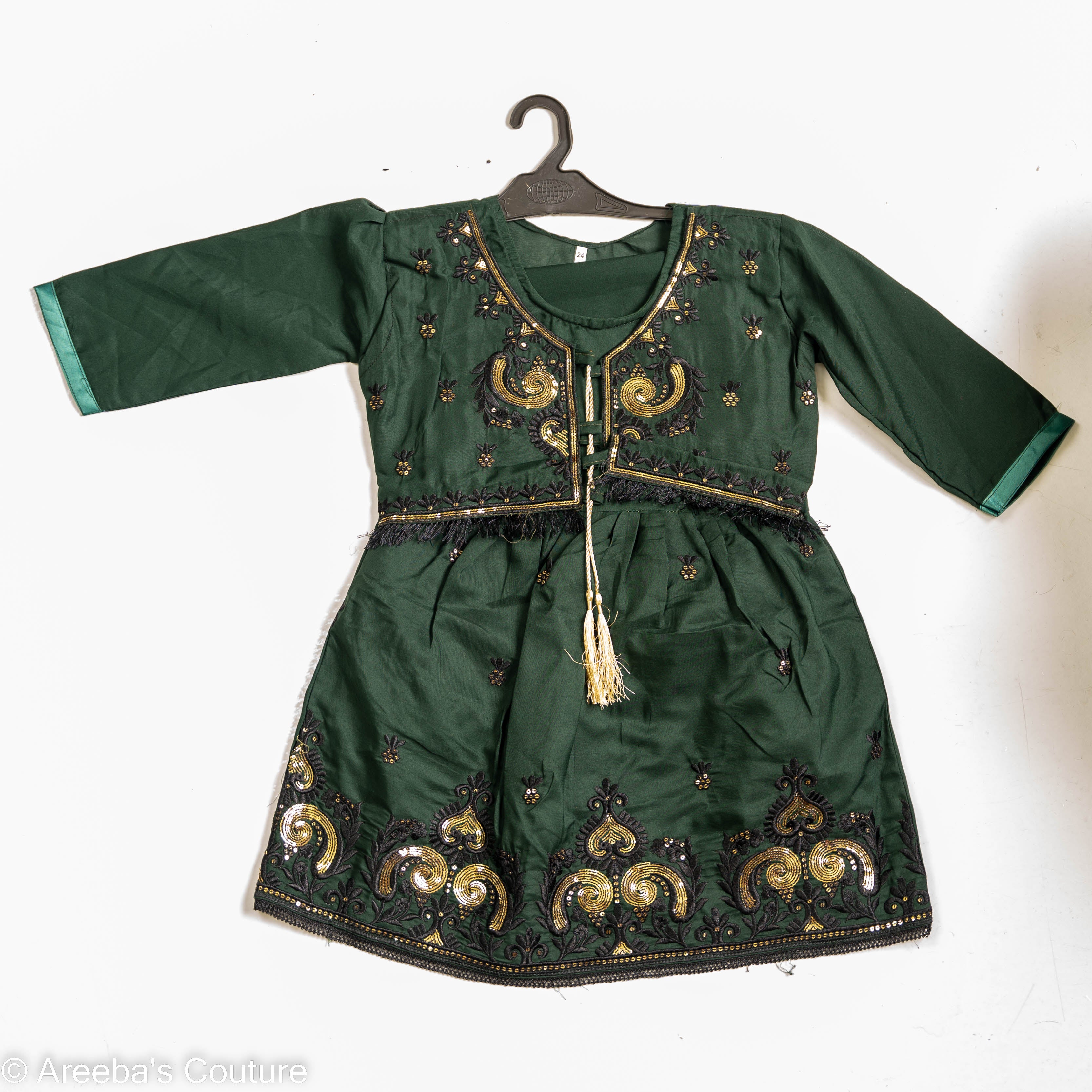 Areeba's Couture Bottle Green Cotton Frock Set for Kids - High-Quality Breathable & Durable Material - Perfect for All Occasions
