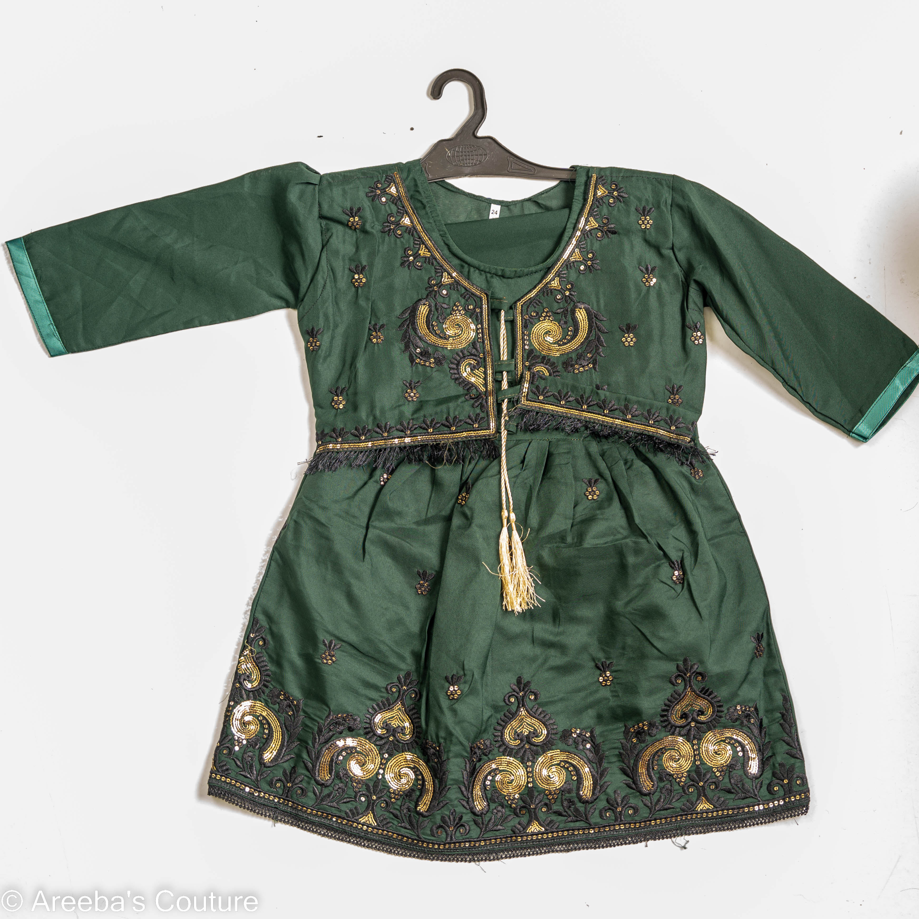 Areeba's Couture Bottle Green Cotton Frock Set for Kids - High-Quality Breathable & Durable Material - Perfect for All Occasions