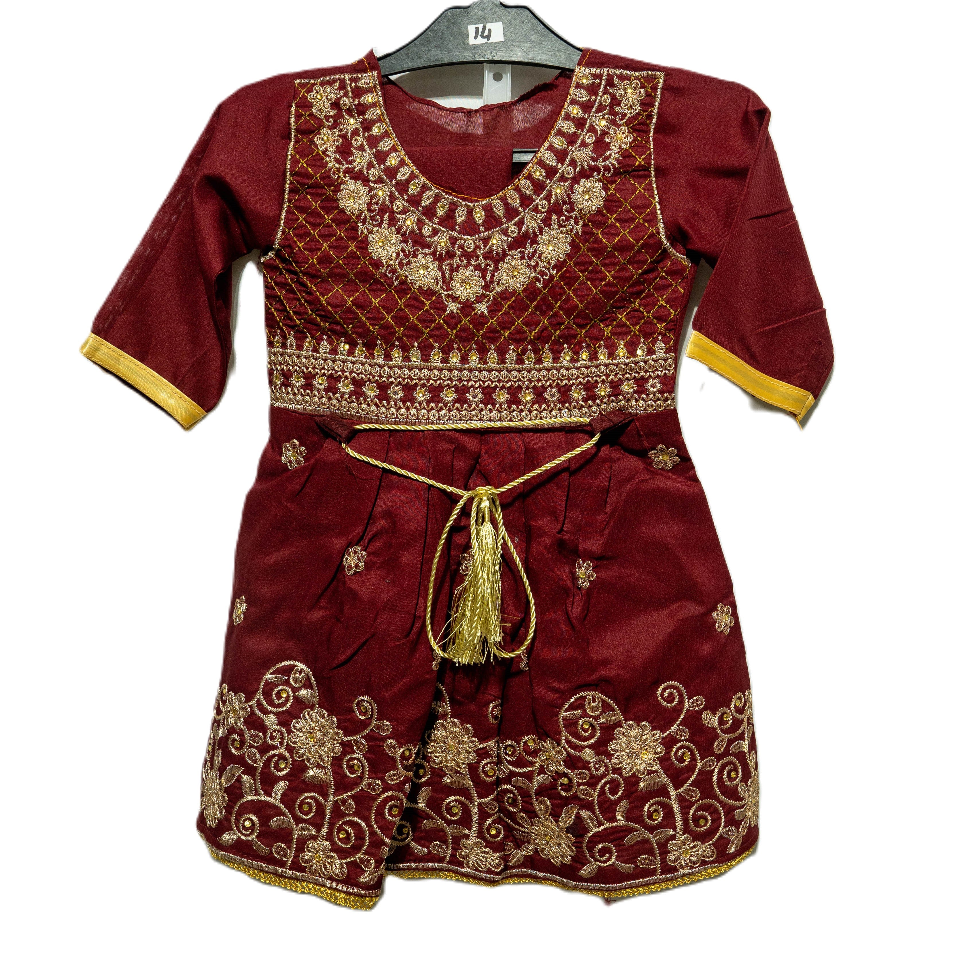 Maroon Embroidered Cotton Frock with Intricate Gold Embroidery and Comfortable Design for Any Occasion