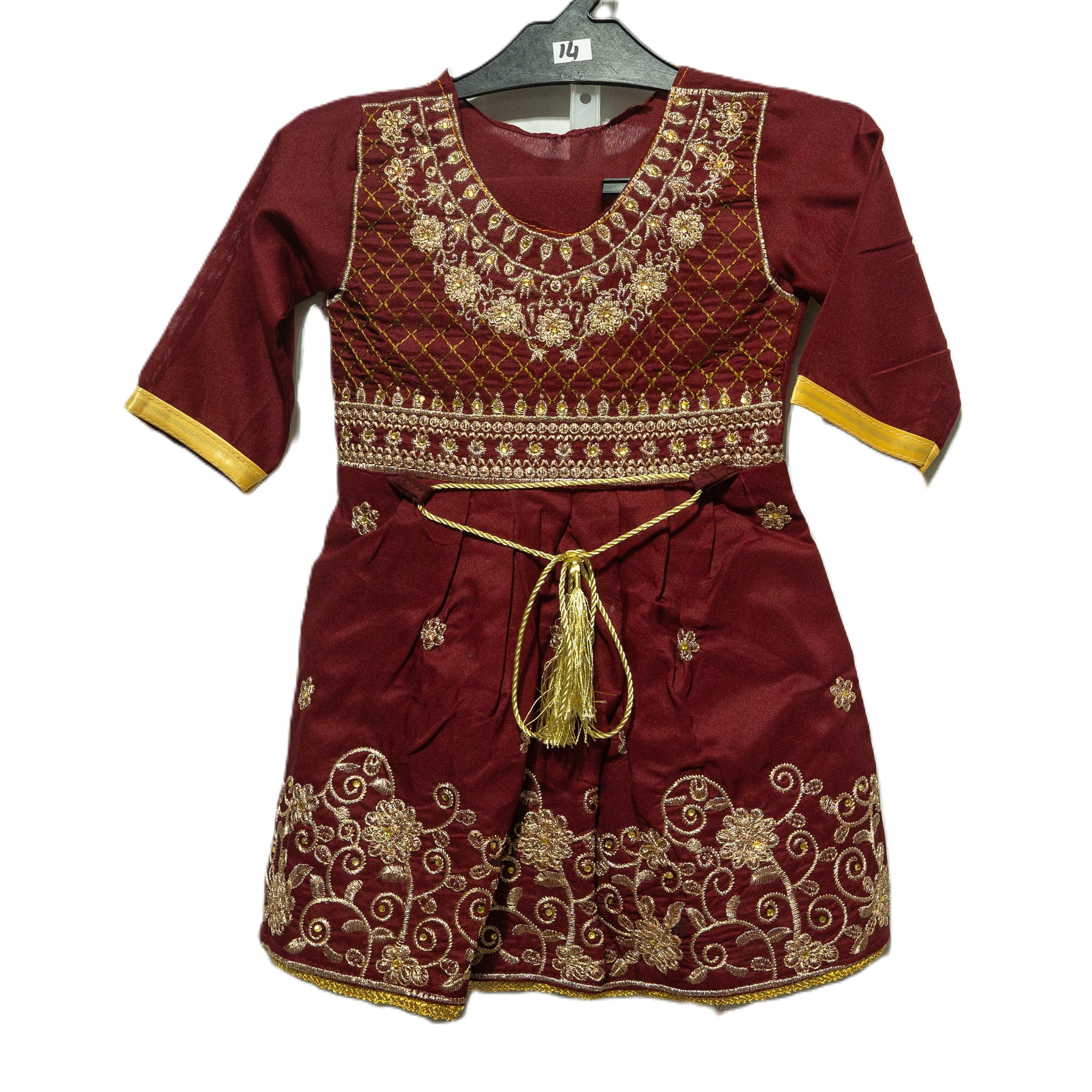 Maroon Embroidered Cotton Frock with Intricate Gold Embroidery and Comfortable Design for Any Occasion