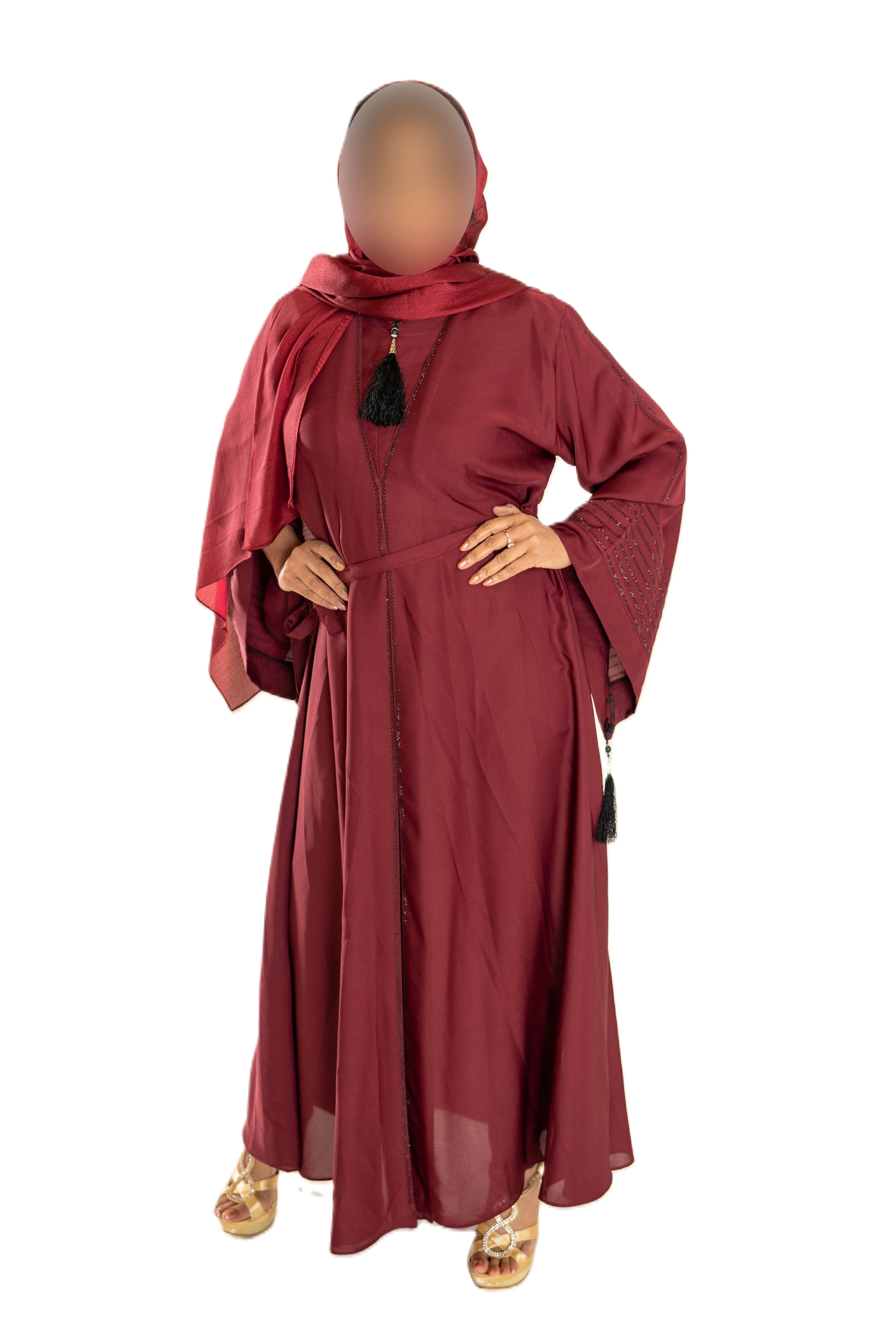 V Neck Abaya with Tassel in Olive Green - Elegant Long Sleeve Dress for Women