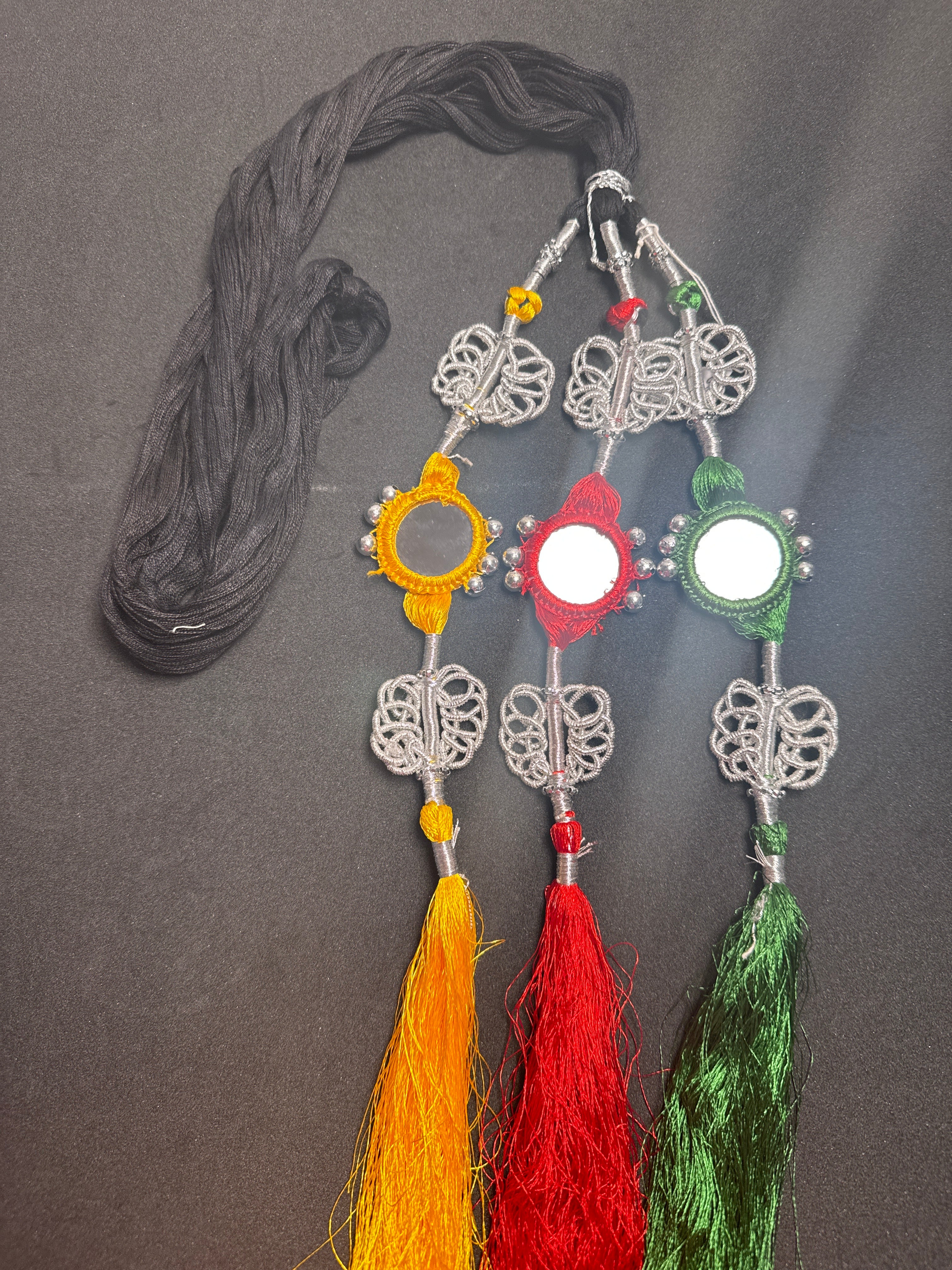Black Parranda with Silver work and multi colours mirrors & beads in multi tassels SP37