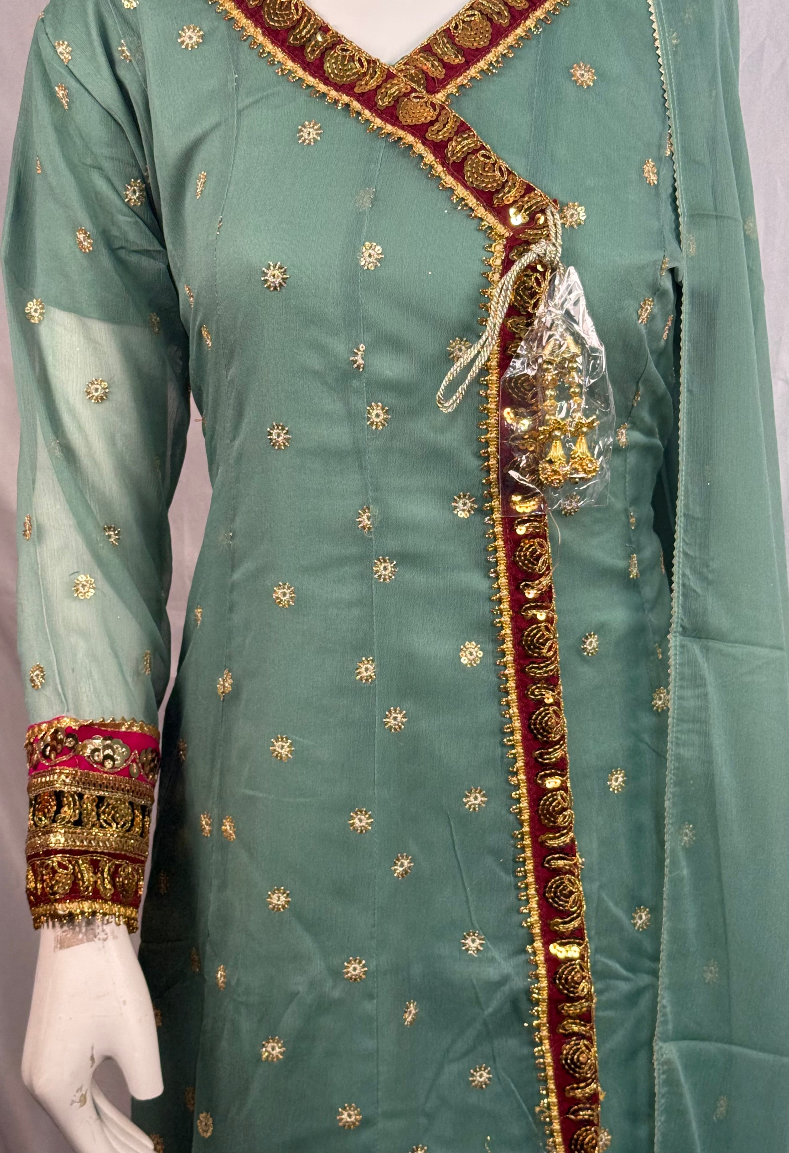 Ladies Mint Green Chiffon Angrakah Style 3 Pcs Suit With Embroidery On Shirt (Last-02)