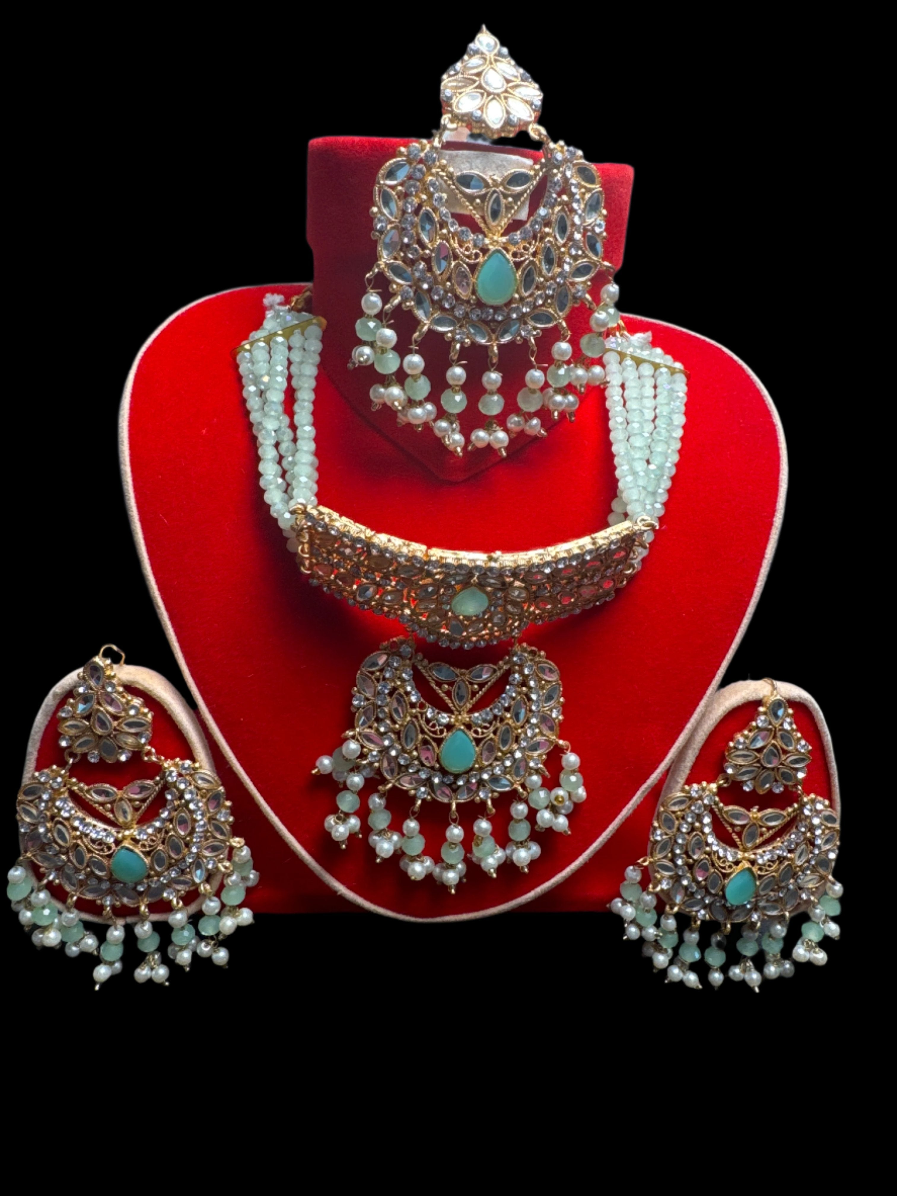 Gold colour Jewellery set with necklace, earrings and Teeka with Mint Green & white pearls -KS6